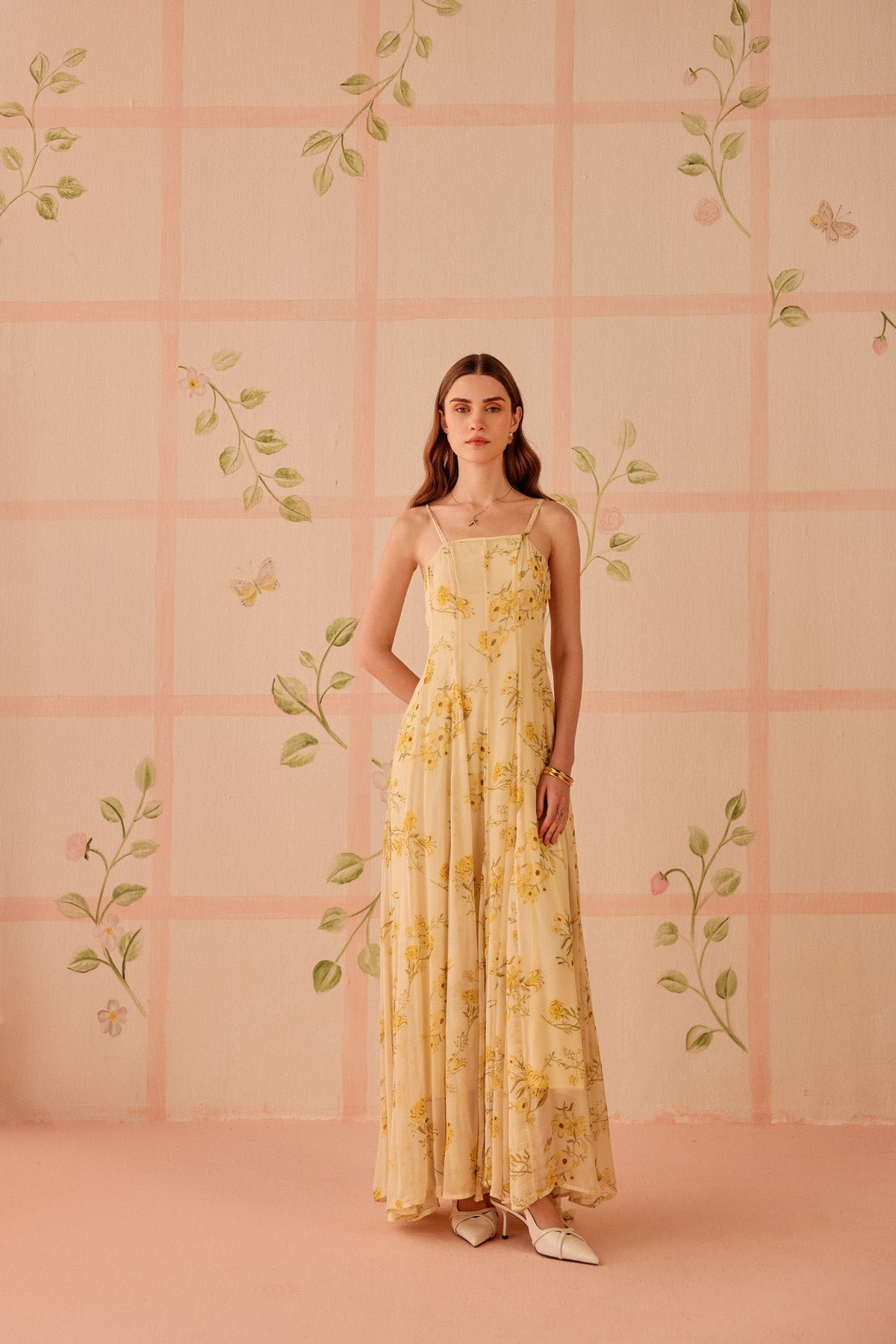 Butter Yellow Floral Viscose Chiffon Maxi Dress