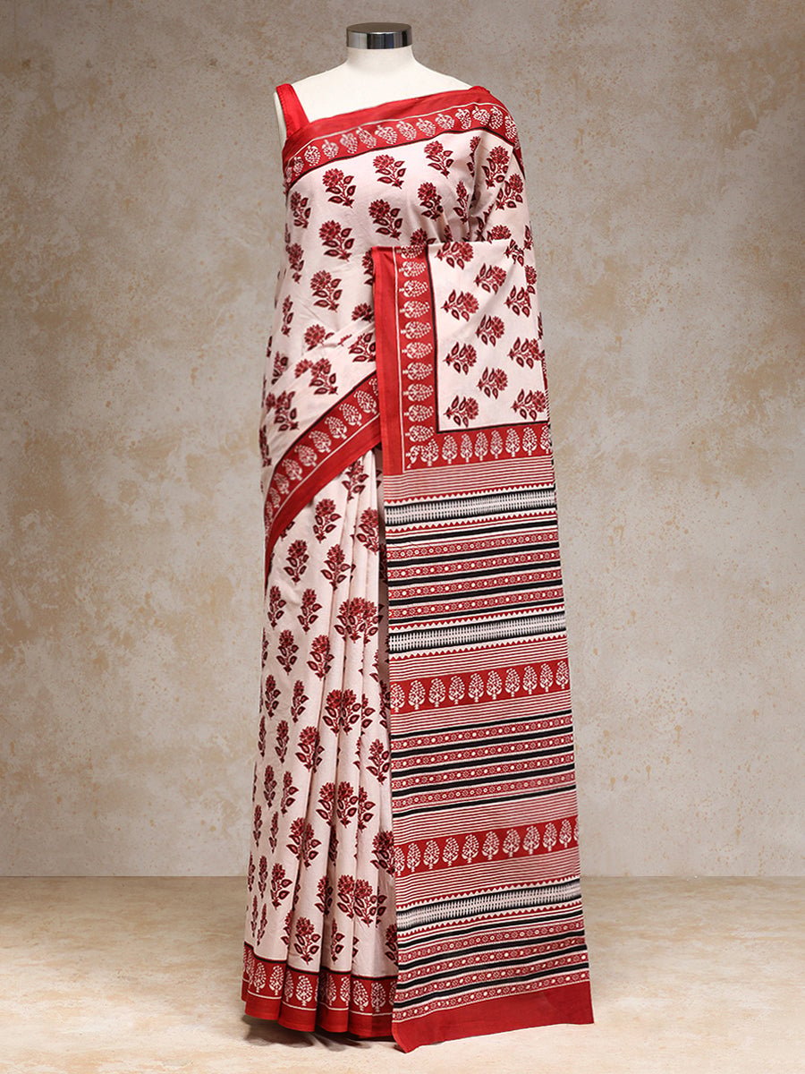 Bright Red White Handblock Printed Vanspati Mulmul