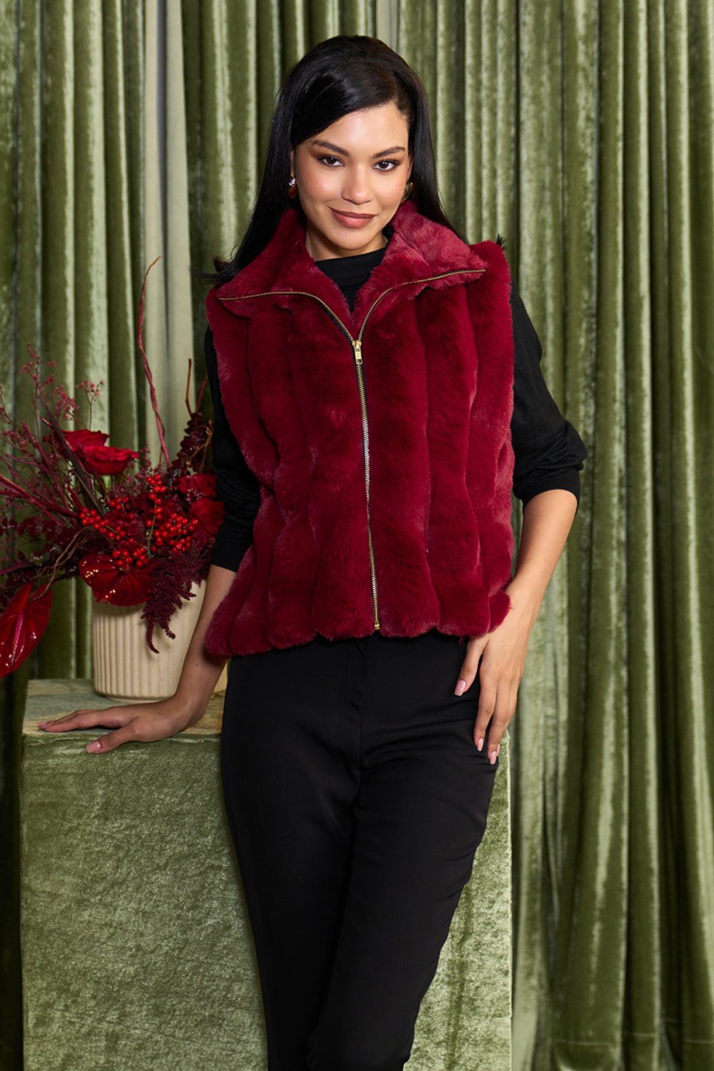 Crimson Faux Fur Sleeveless Bomber Jacket