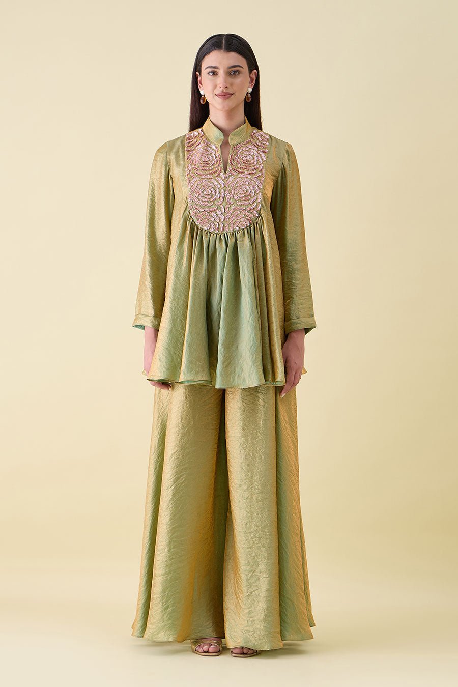 Green Dual Silk Embellished Umbrella Co-ord Set