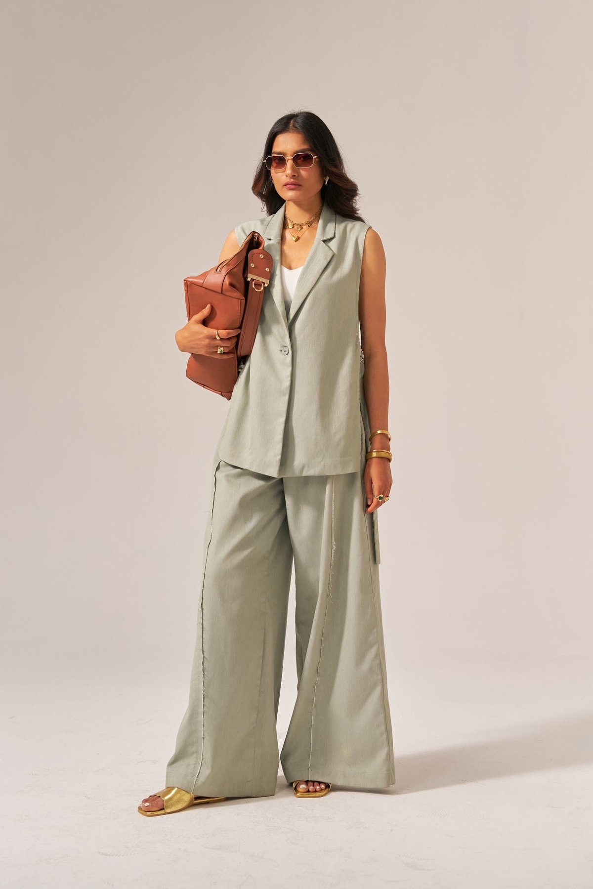 Mint Green Denim Waistcoat and Flared Pants Co-ord Set