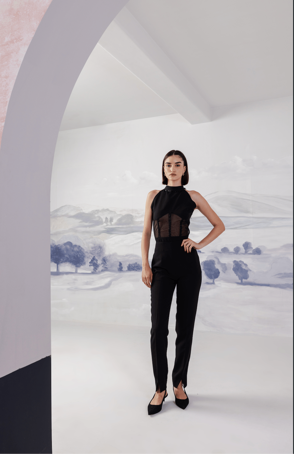 Black High Neck Corset Bodysuit with Sheer Mesh Panels