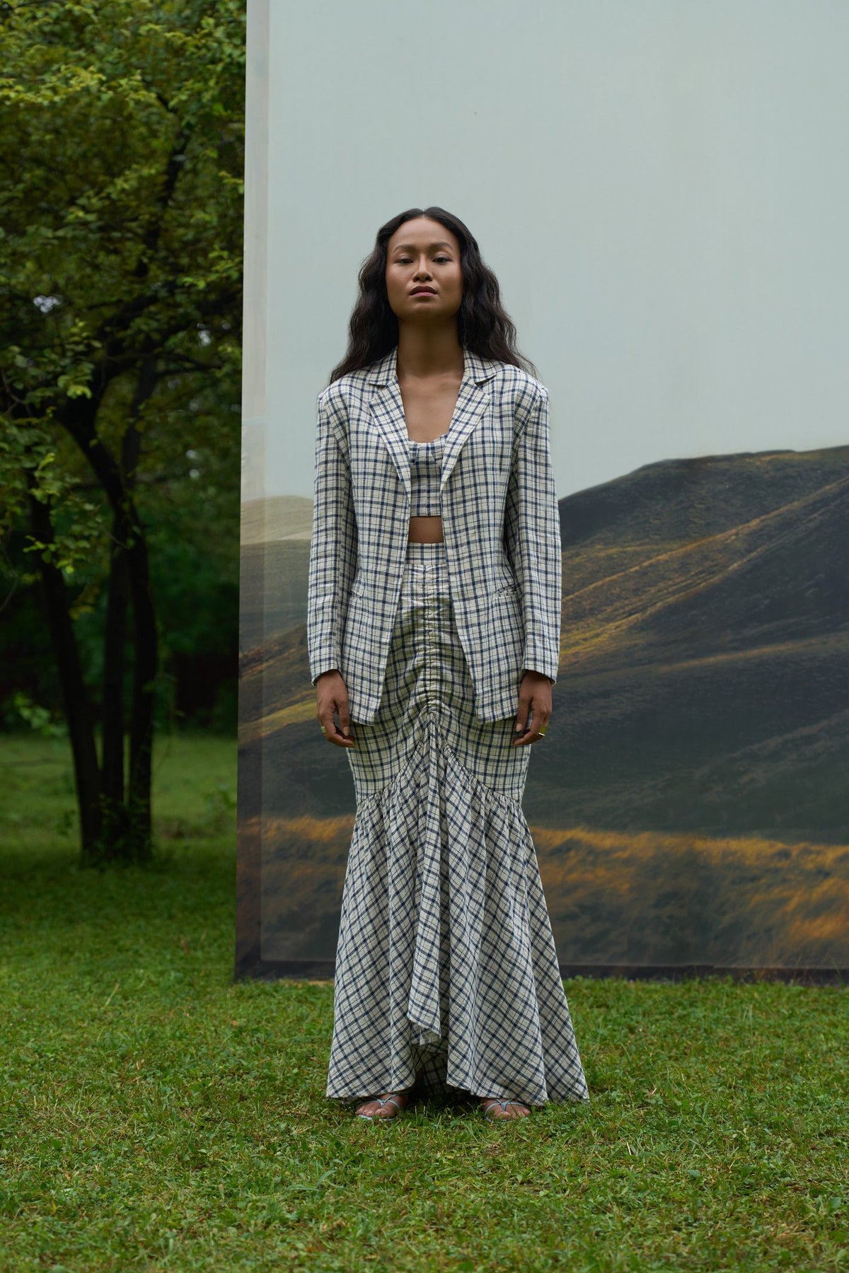 Off White/Blue Checked Notch-Lapel Tailored Blazer