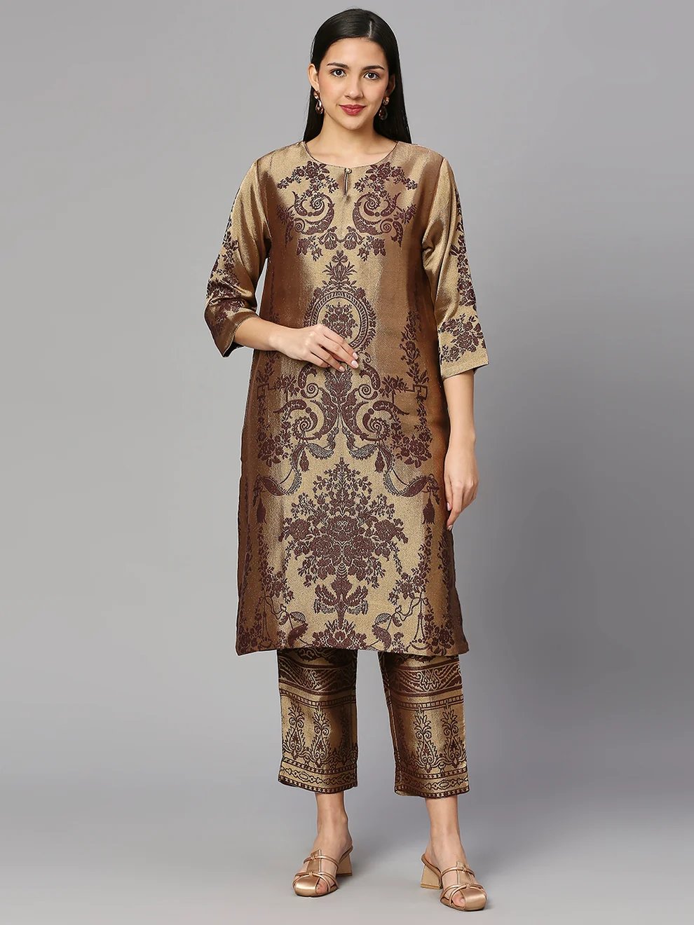 Brown Gold Metallic Brocade Straight Kurta