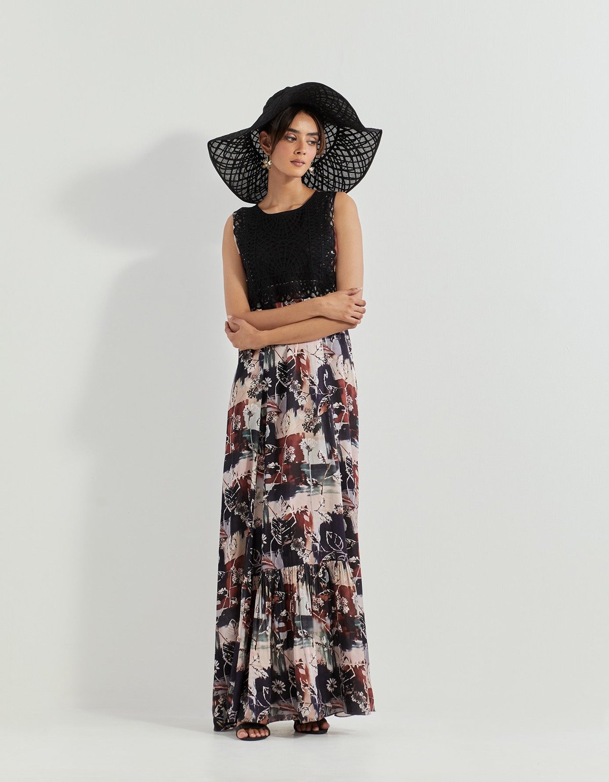 Black Abstract Print Modal Satin Maxi Dress