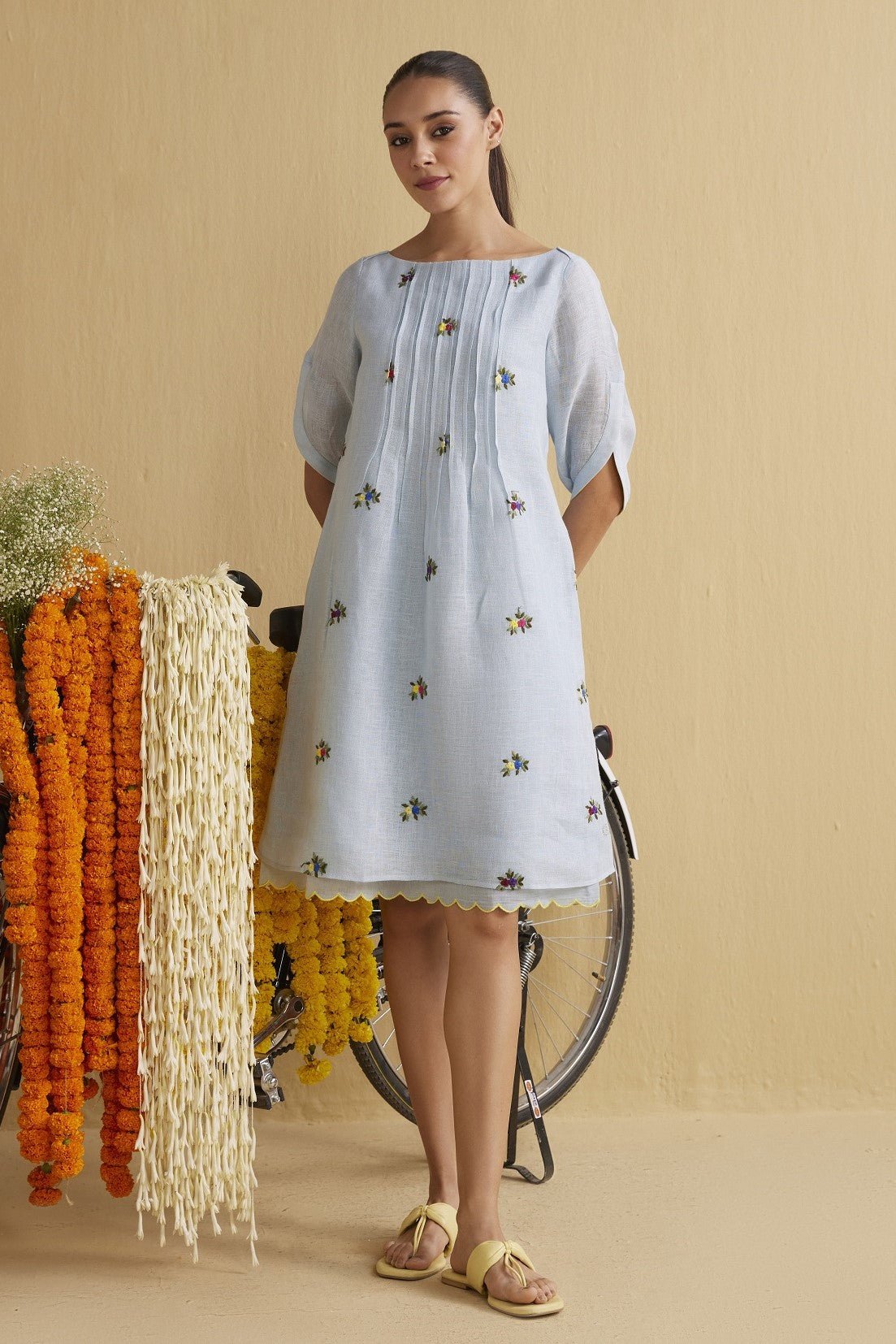 Mughal Blue Linen Embroidered A-Line Midi Dress