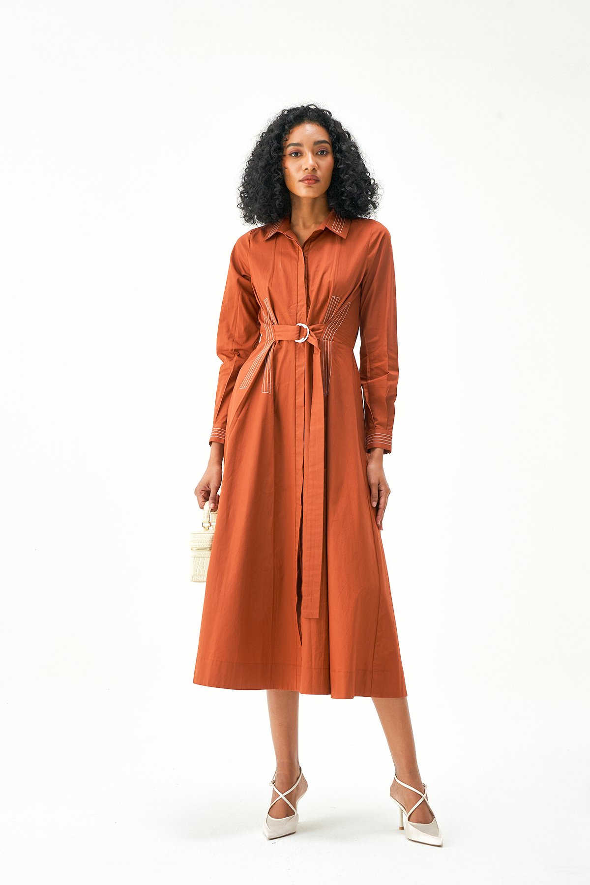 Terracotta Cotton Poplin Belted Midi Shirt Dress