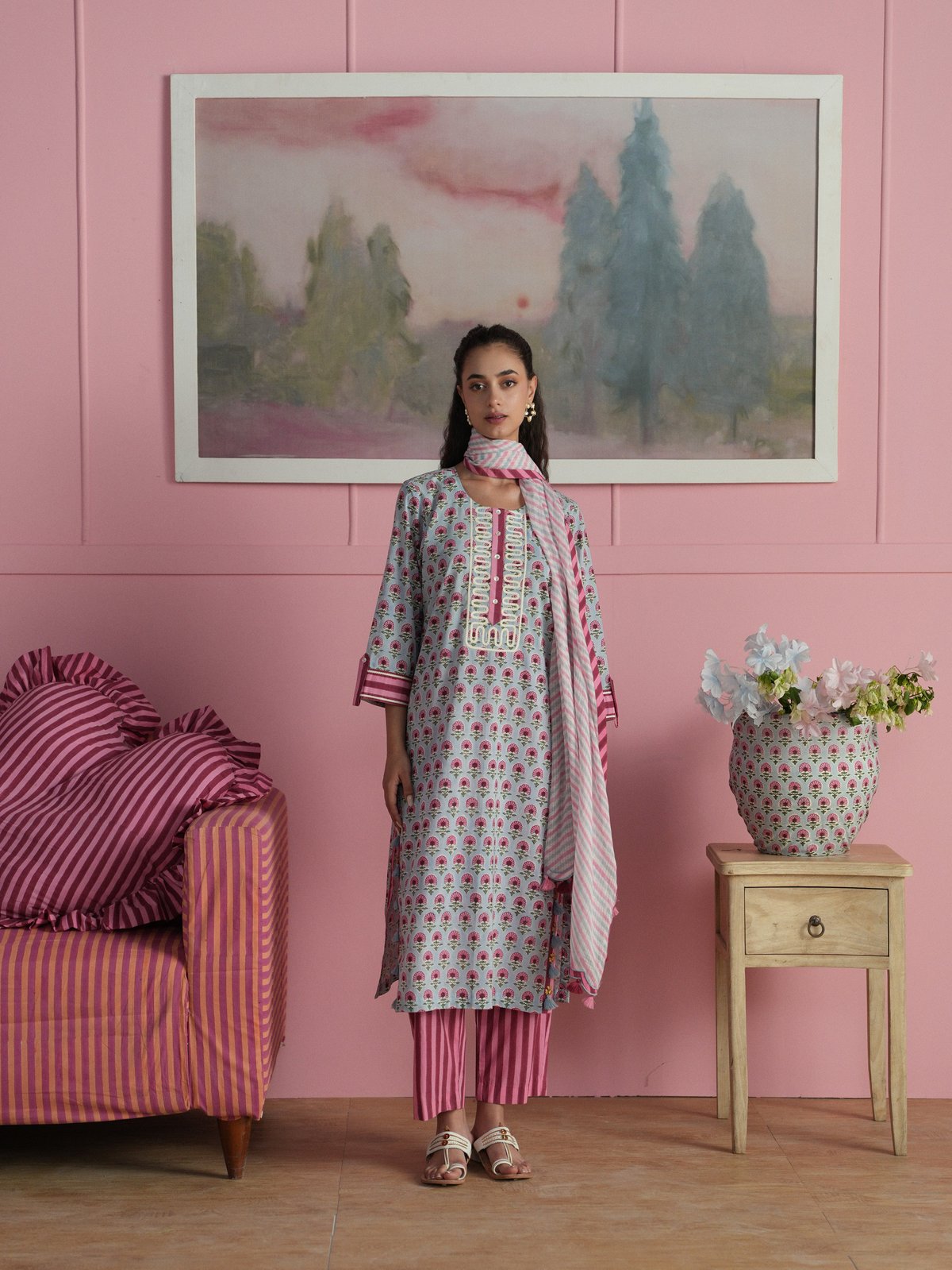 DAISY STRAIGHT KURTA WITH STRIPED PANT & DUPATTA