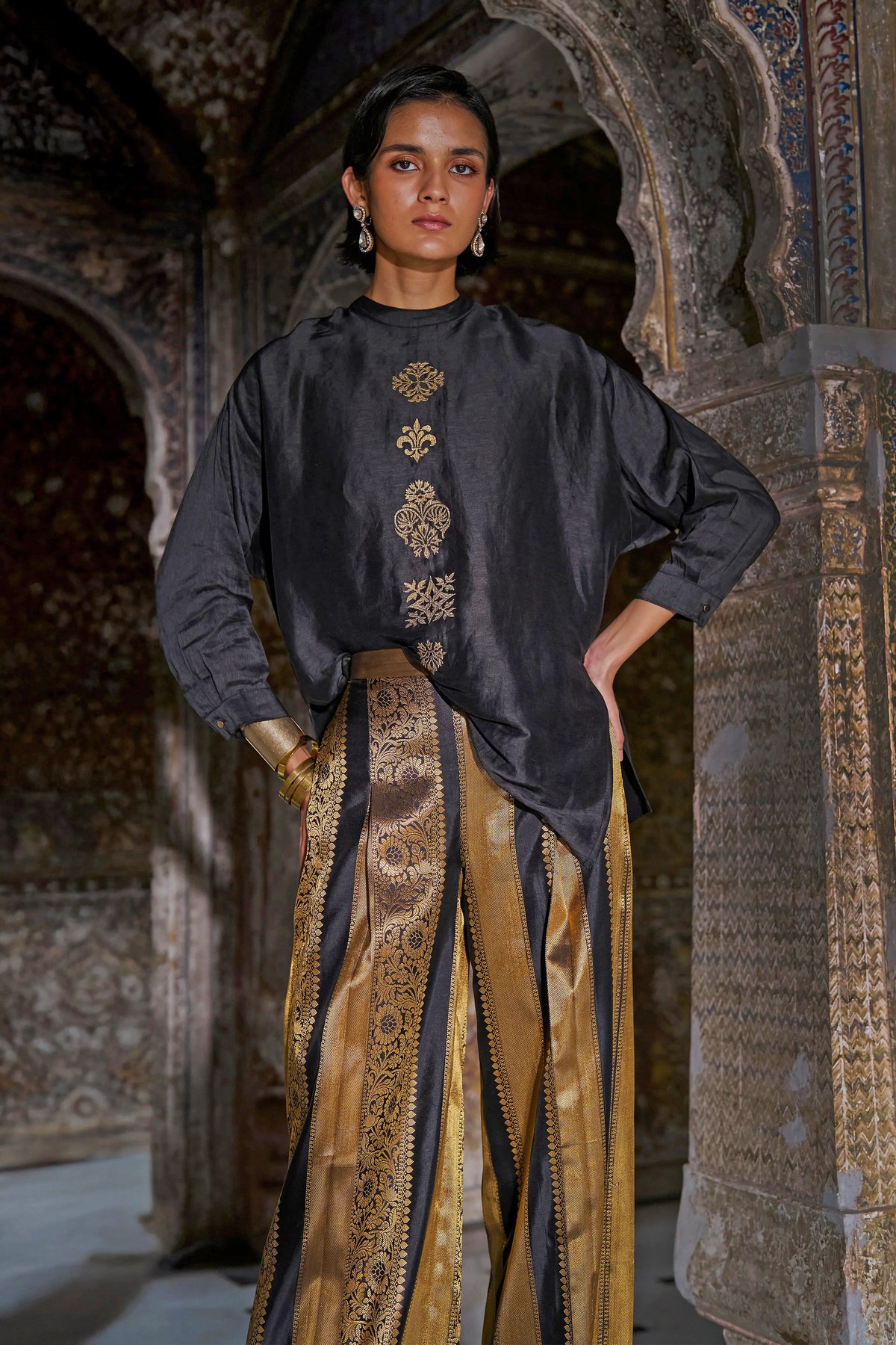 Black/Gold Boxy Shirt with Gold Motif Embroidery