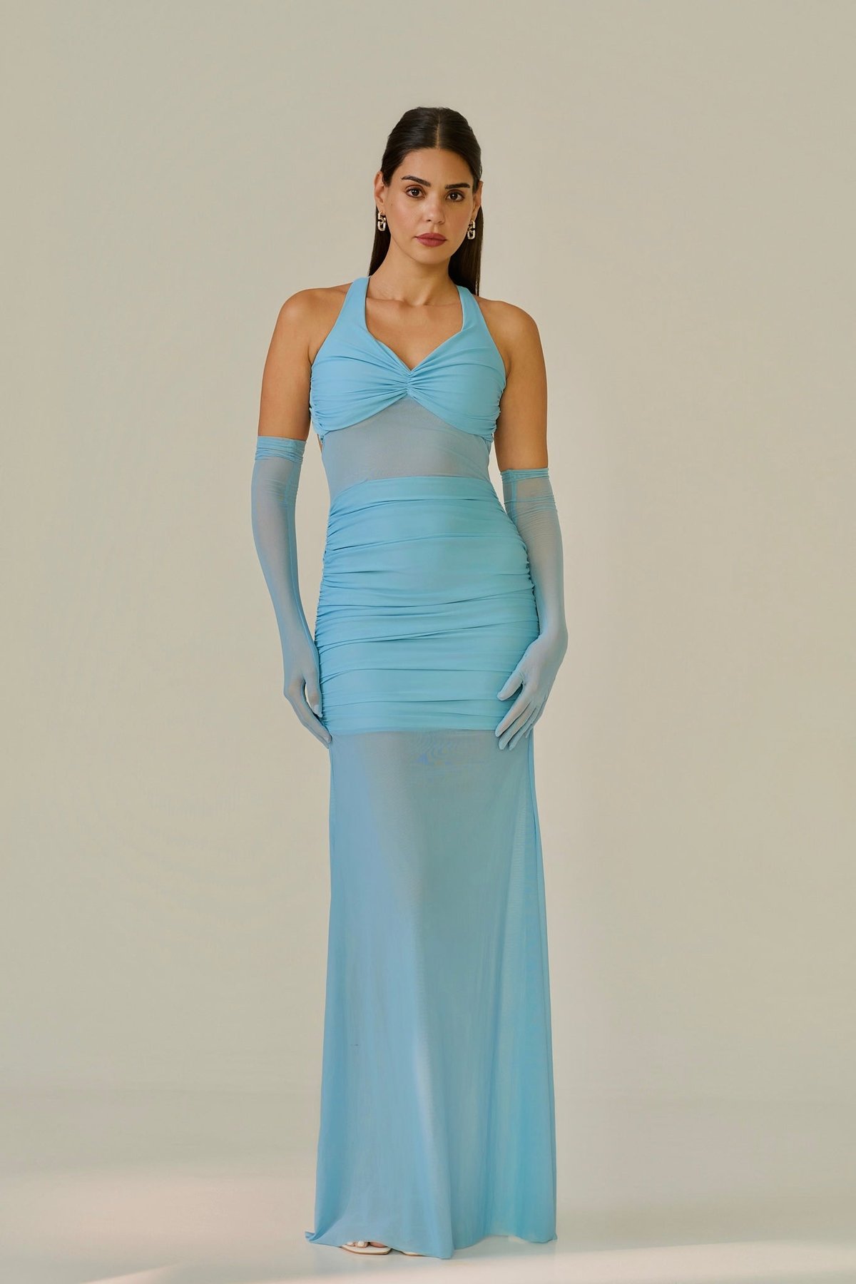 Sky Blue Halter Ruched Bodycon Maxi Dress