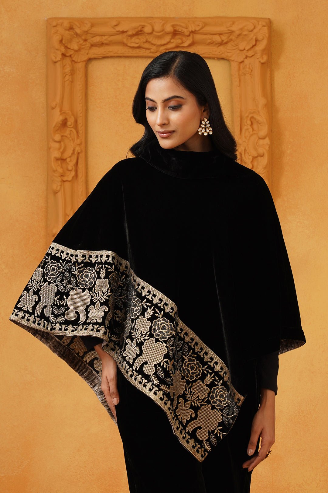 Black Velvet Embroidered Border Poncho