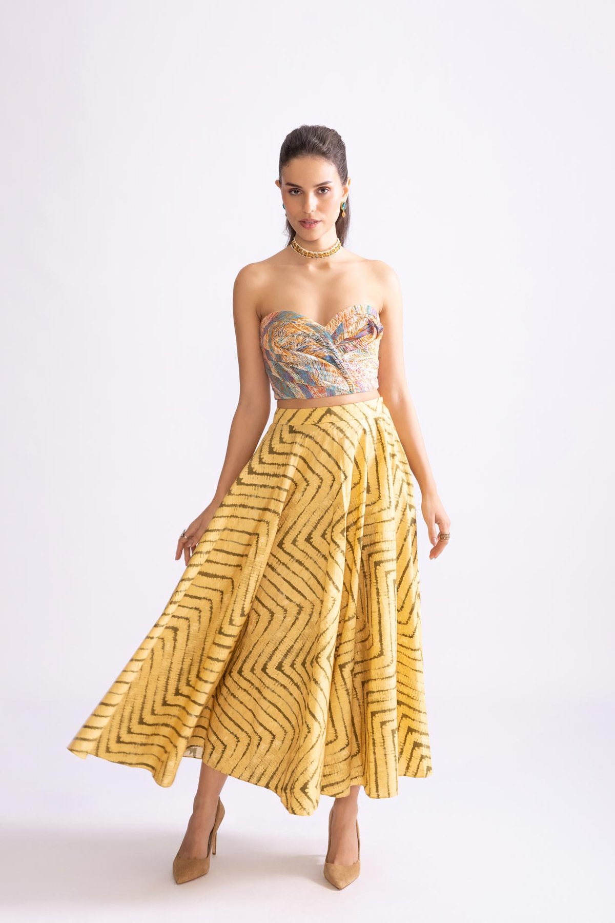 Multi Colour Wave Print Sweetheart Strapless Bustier Top