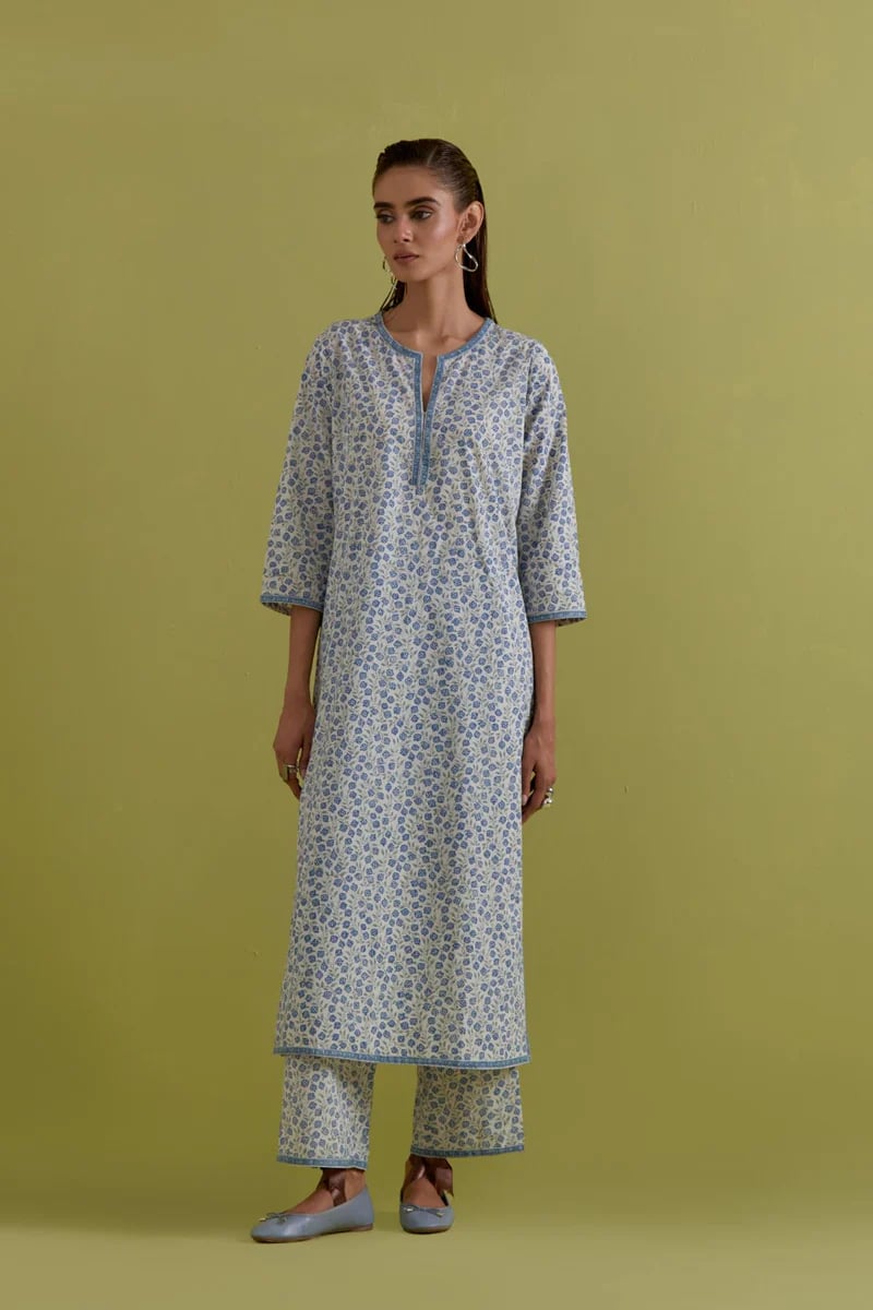 Off White Cotton Straight Long Kurta Pant