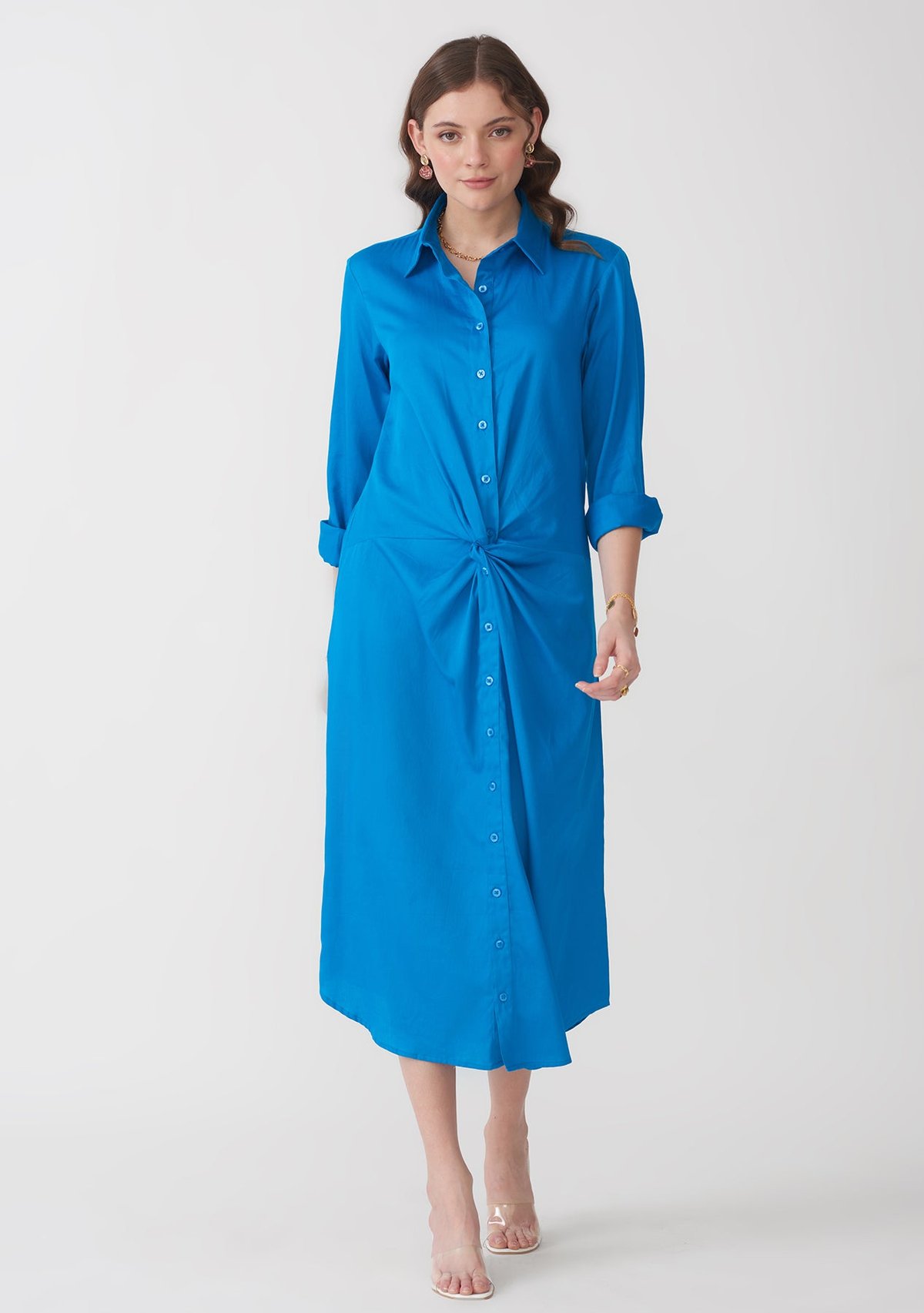Blue Cotton Button-Front Midi Shirtdress