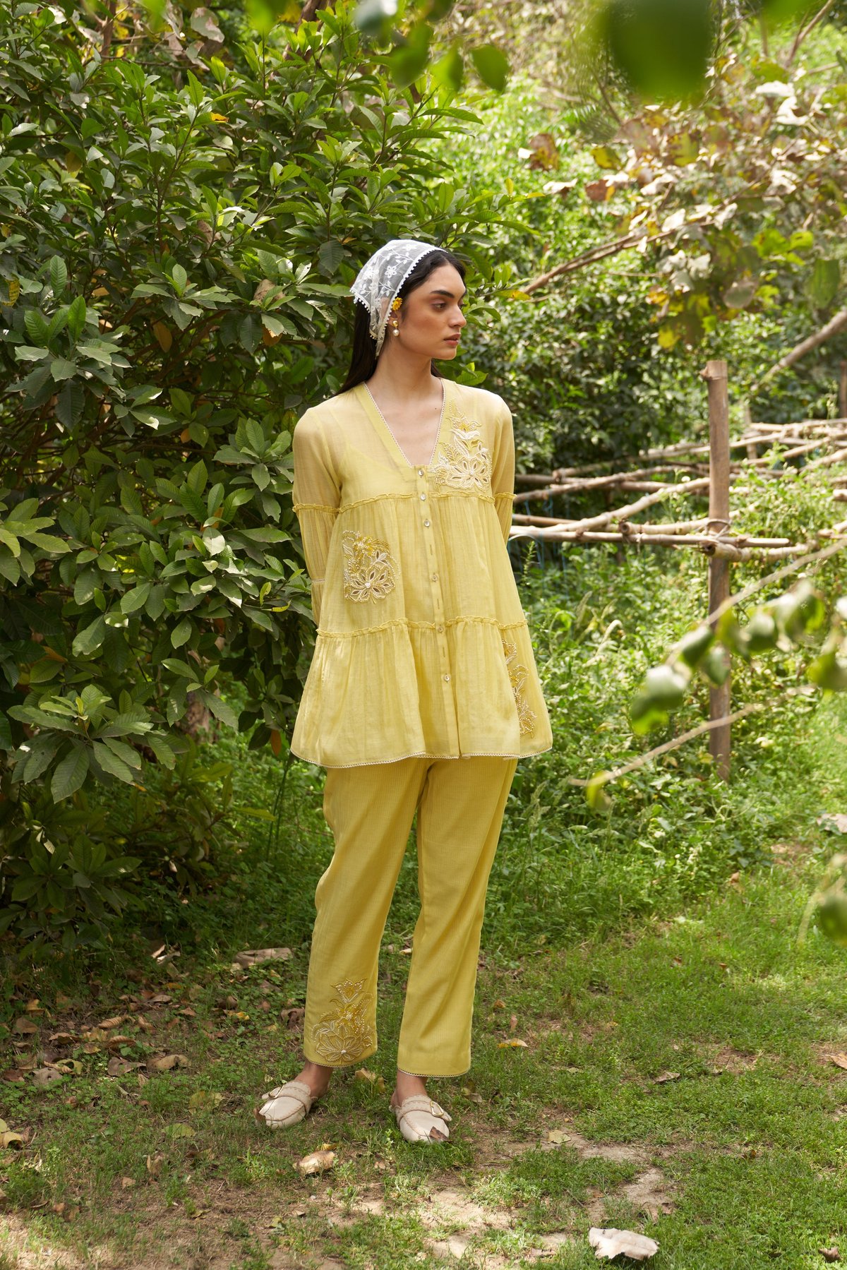 Pastel Yellow Applique Shirt and Pant Co-ord Set