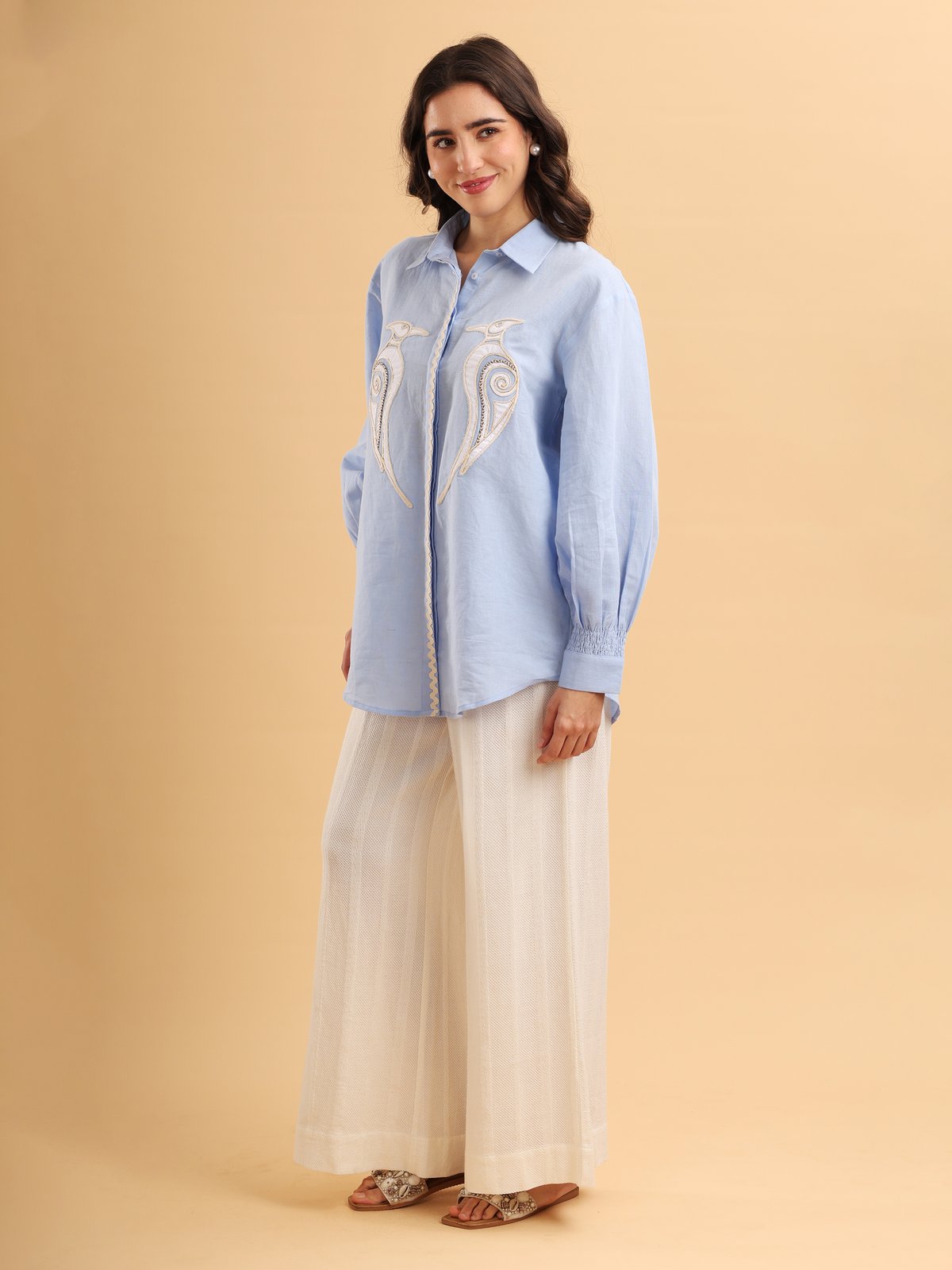 Ice Blue Cotton Linen Appliqué Button-Down Shirt