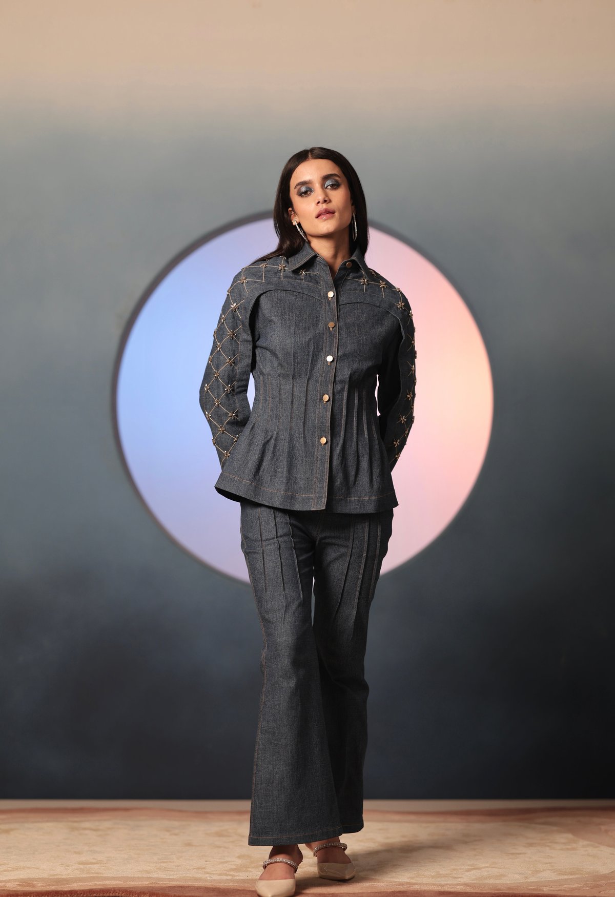 Blue High-Rise Flared Denim Trousers