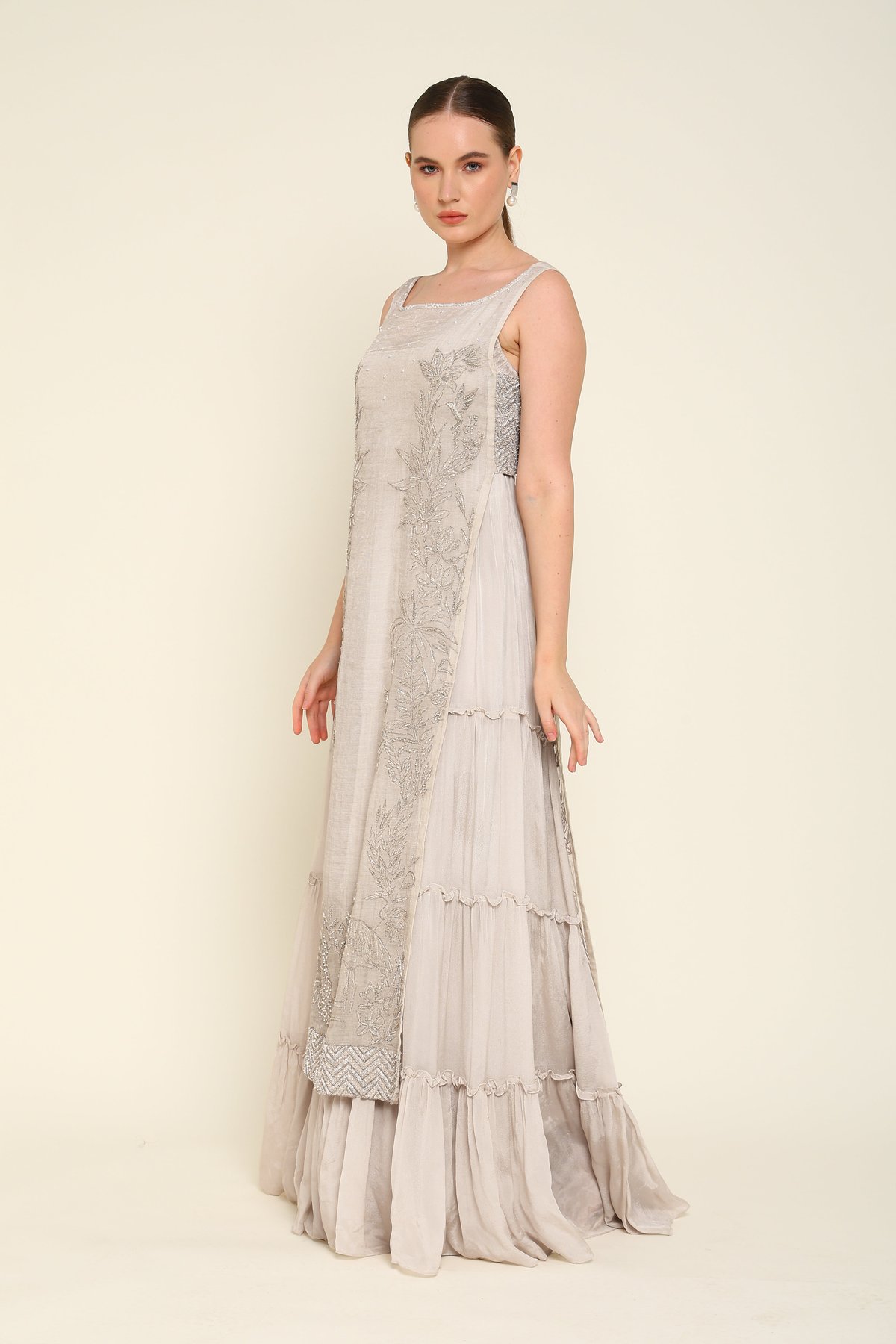 Greyish Neutral Embroidered Overlay Maxi Dress Set