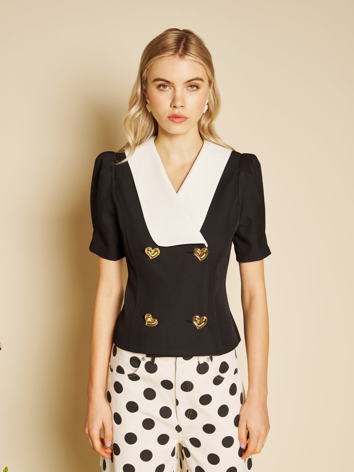 Black Contrast-Collar Double-Breasted Heart-Button Top