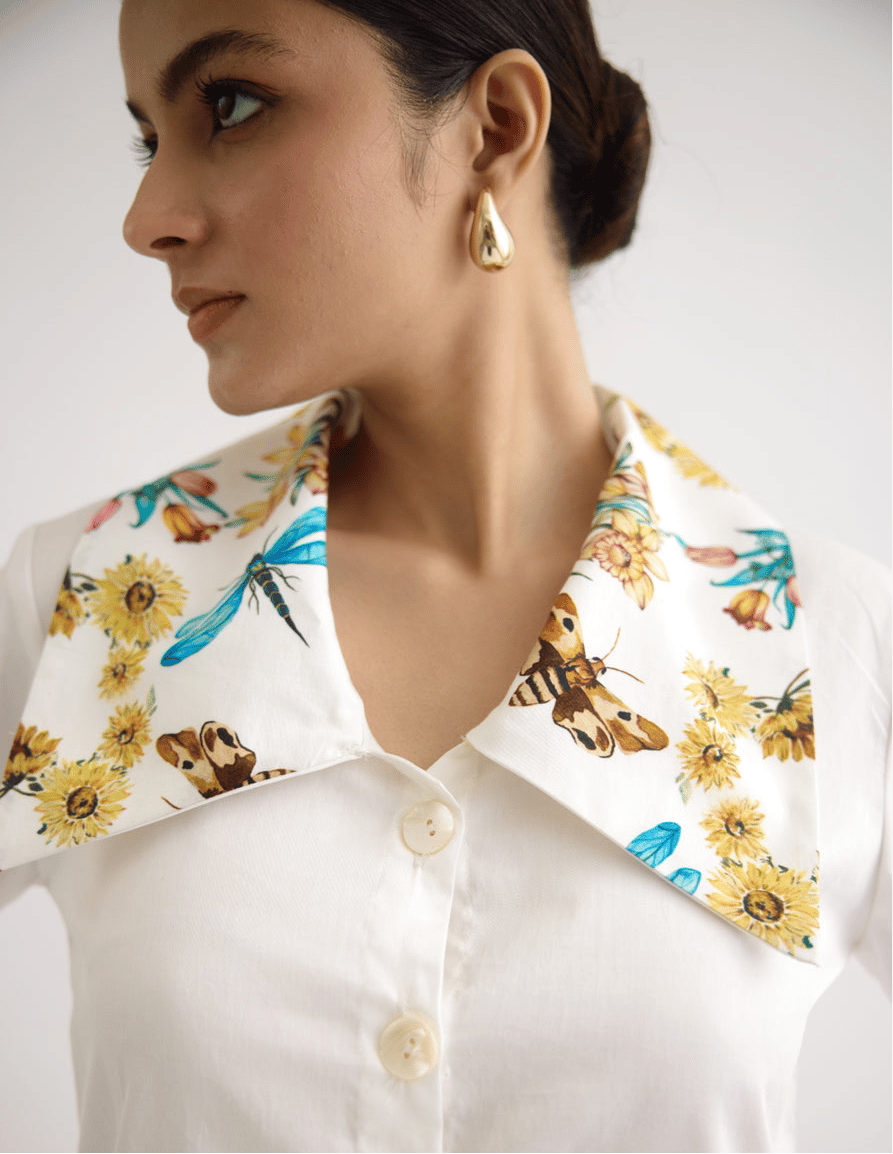 White Cotton Satin Shirt with Printed Oversized Collar