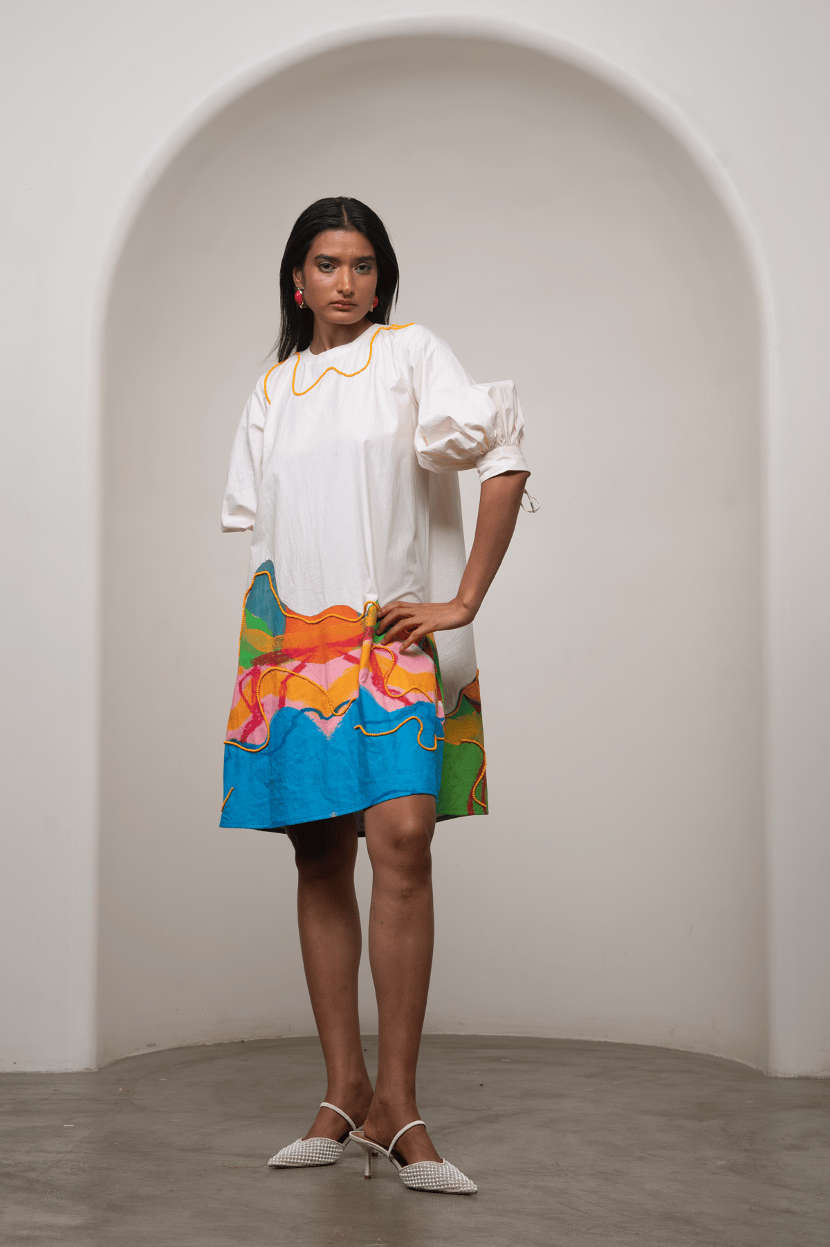 White Poplin Shift Mini Dress with Colourblock Hem