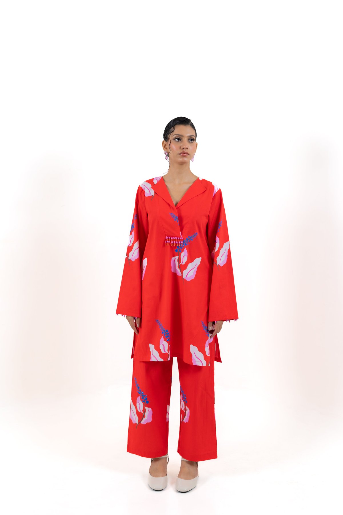 Red Floral Tunic and Wide-Leg Pants Co-ord Set
