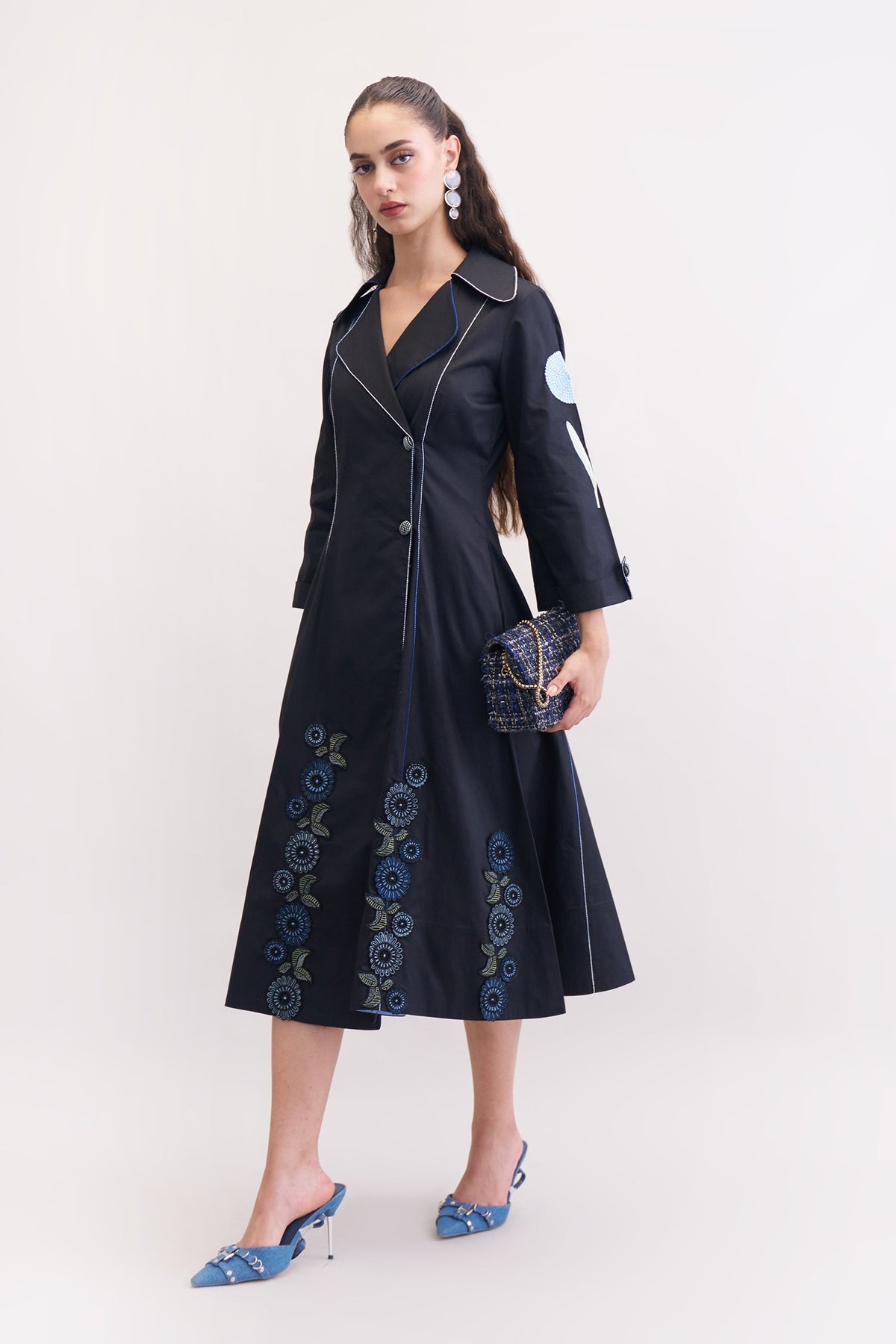 Black Cotton Twill Wrap Midi Dress with Embroidery
