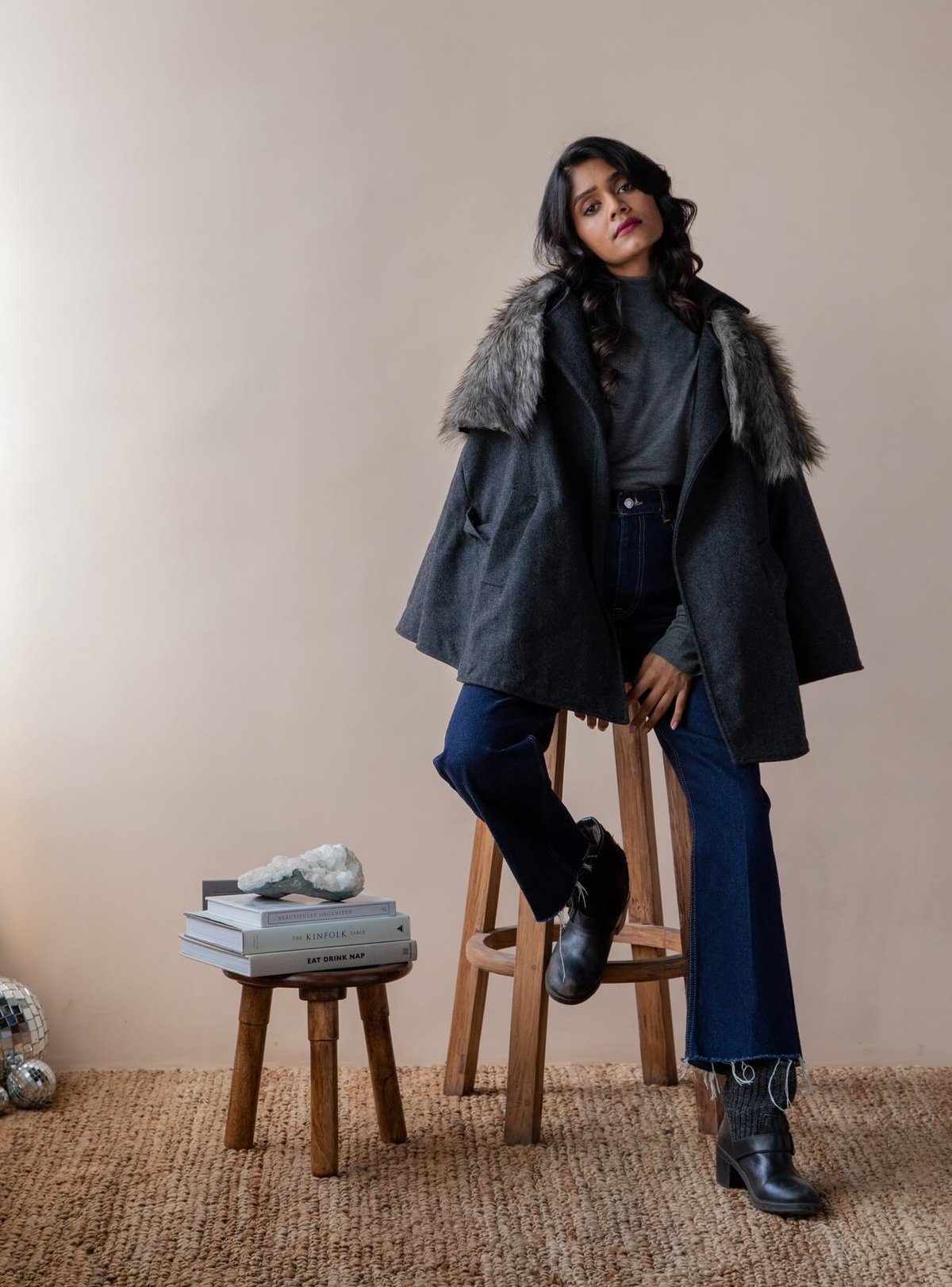 Charcoal Grey Wool-Blend Cape with Faux-Fur Collar