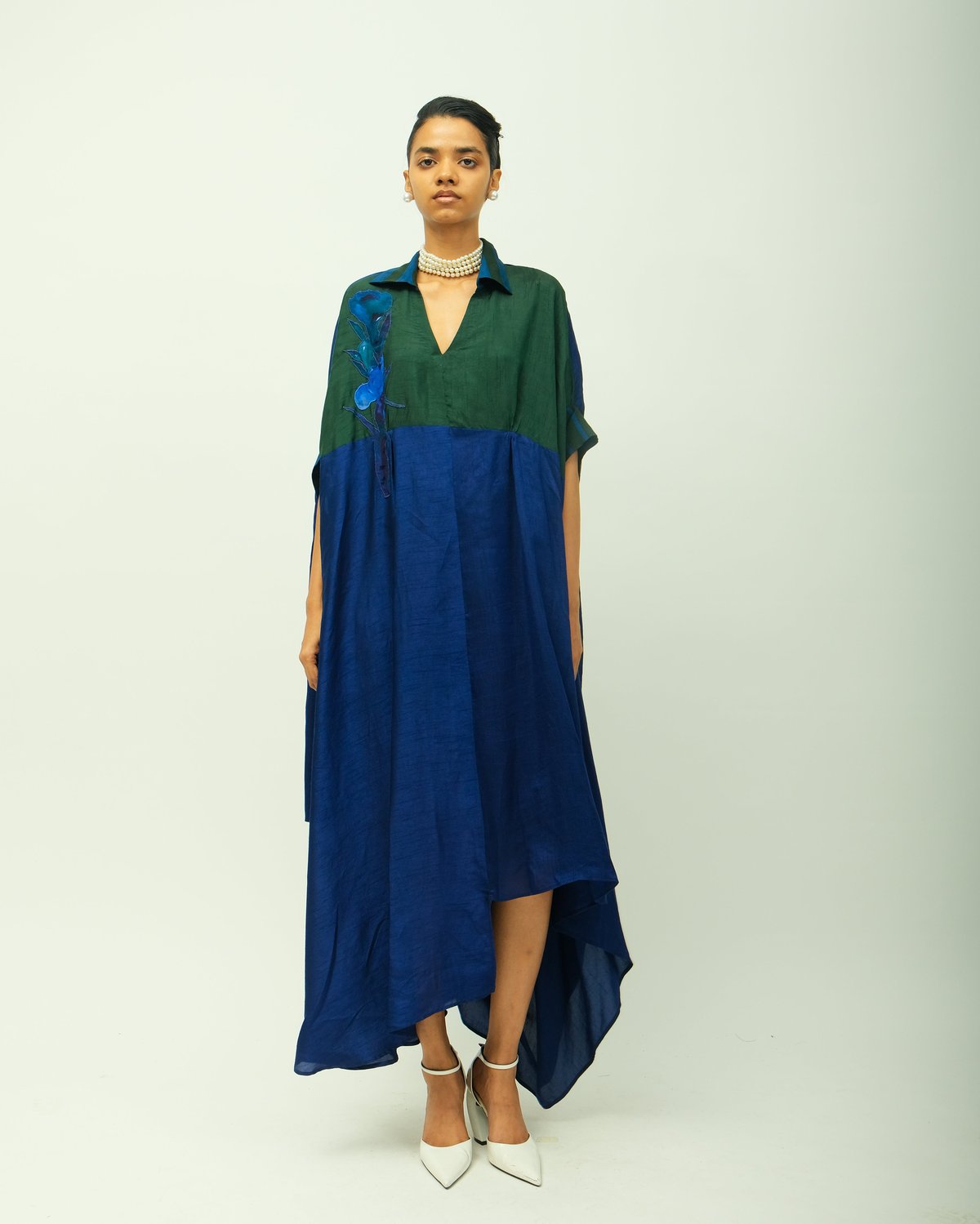 Royal Blue Colorblocked Raw Silk Kaftan Midi Dress