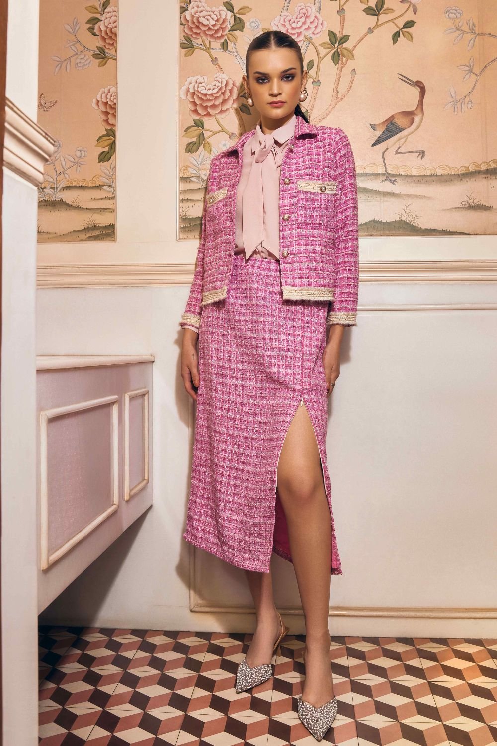 Cosmos Pink Tweed Jacket and Midi Skirt Co-ord Set
