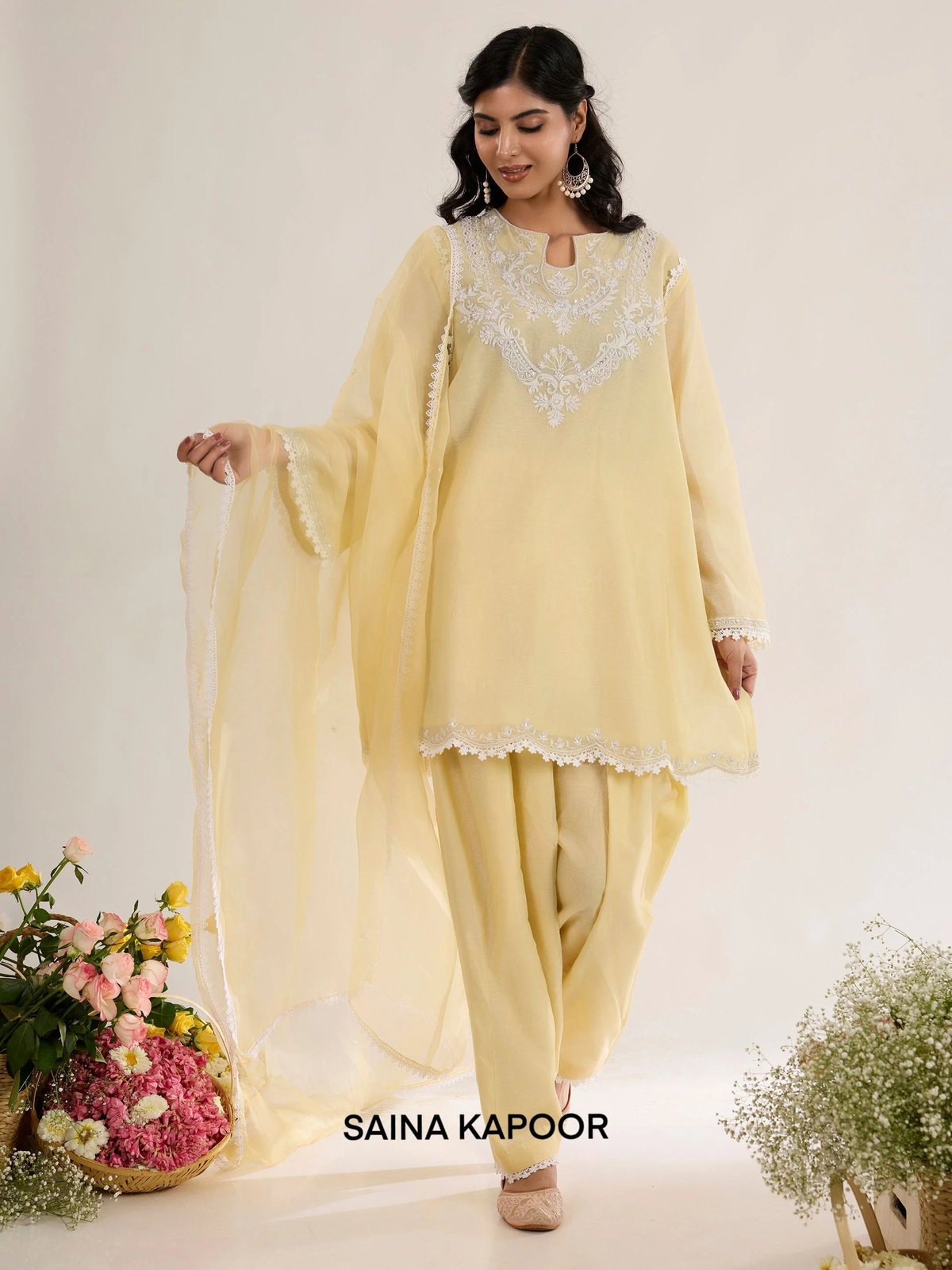 Pale Yellow Chanderi Short Kurta Salwar Suit with Aari Work