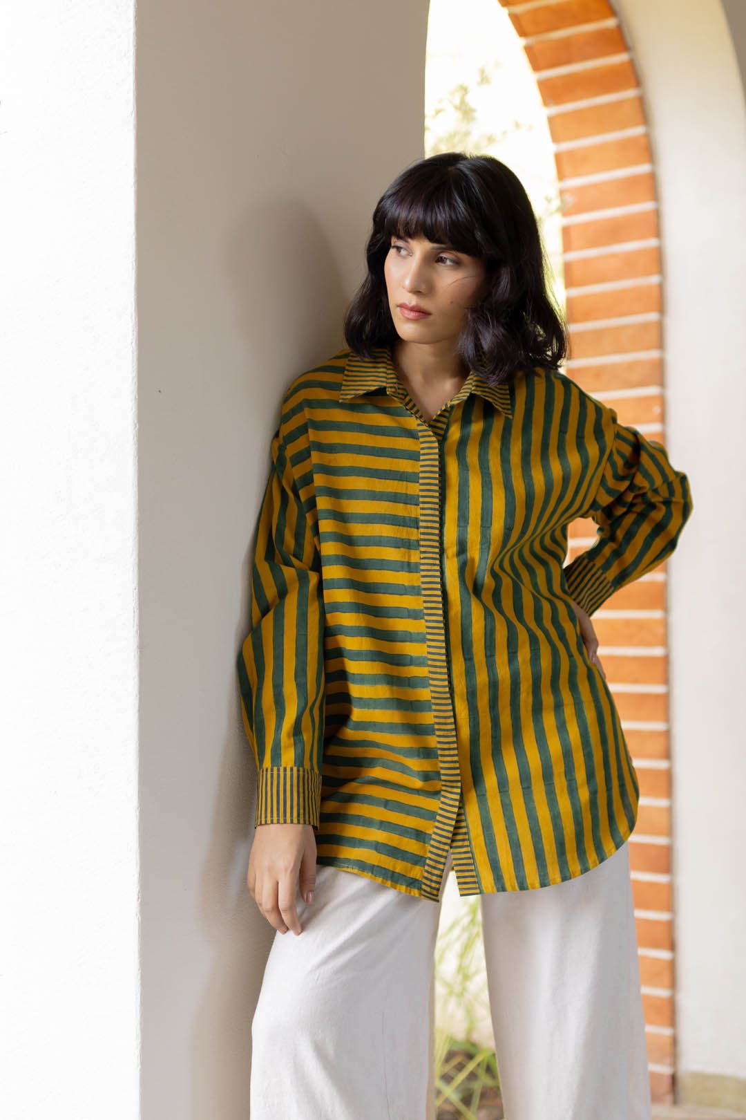 Moss Green and Mustard Striped Relaxed Fit Shirt
