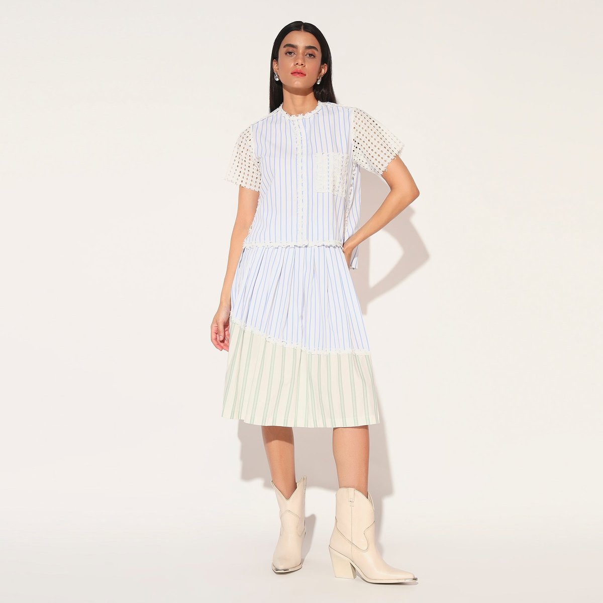 Blue Green Striped Shirt and Midi Skirt Co-ord Set