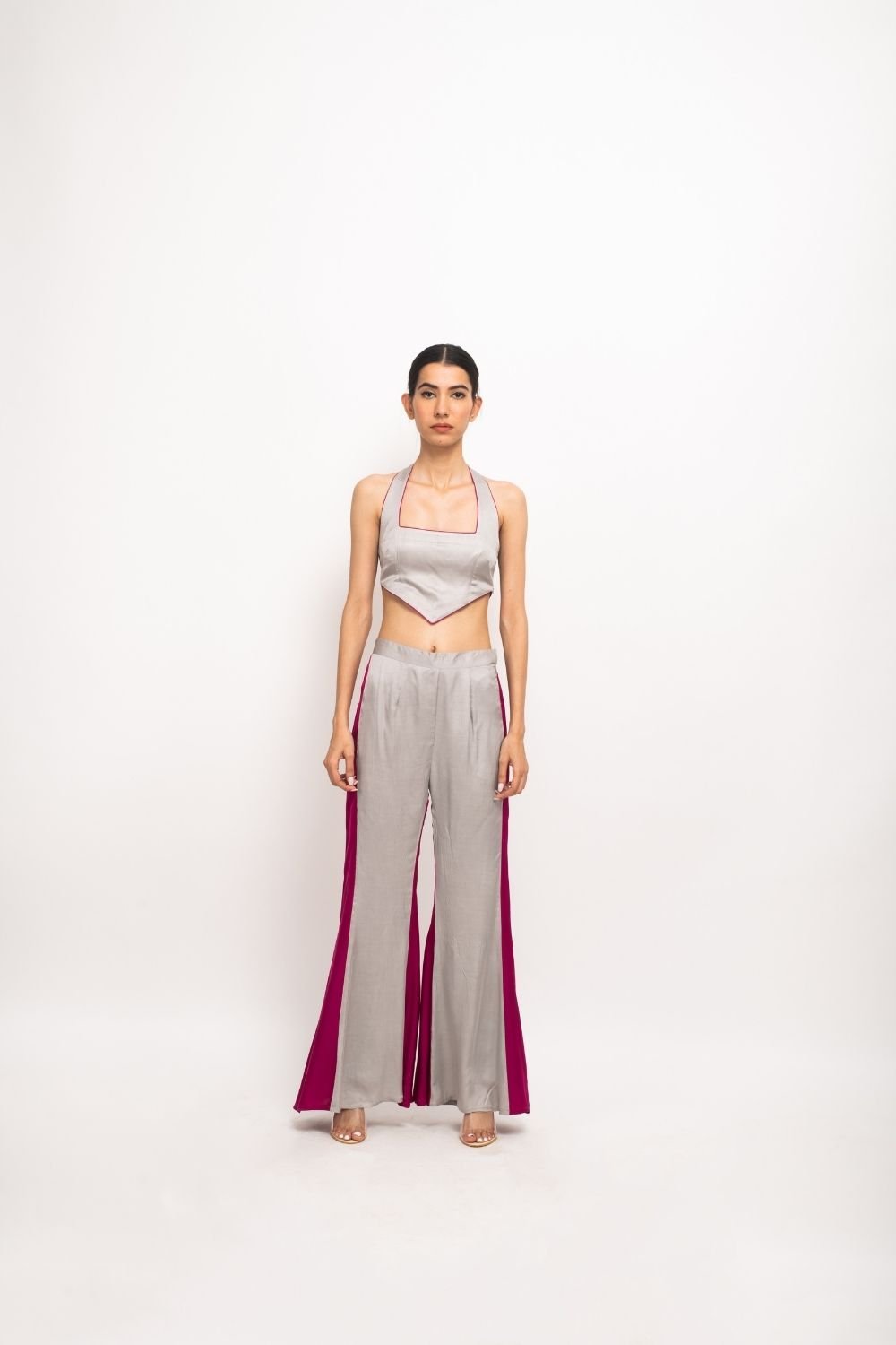 Grey-Wine Halter Bustier and Flared Pants Co-ord Set