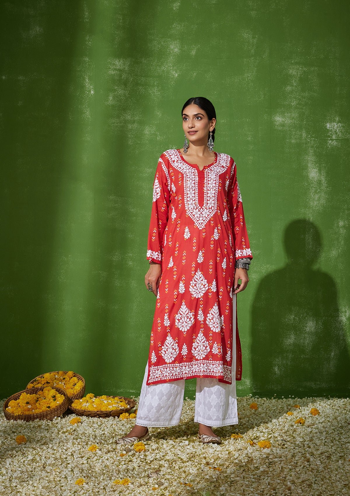 Mira Chikankari Straight Kurta (Red)
