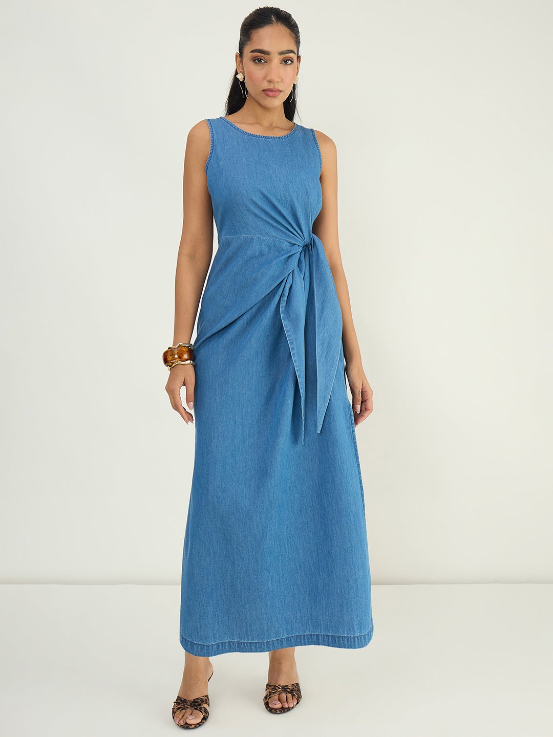 Mid Blue Denim Knot-Detail Maxi Dress