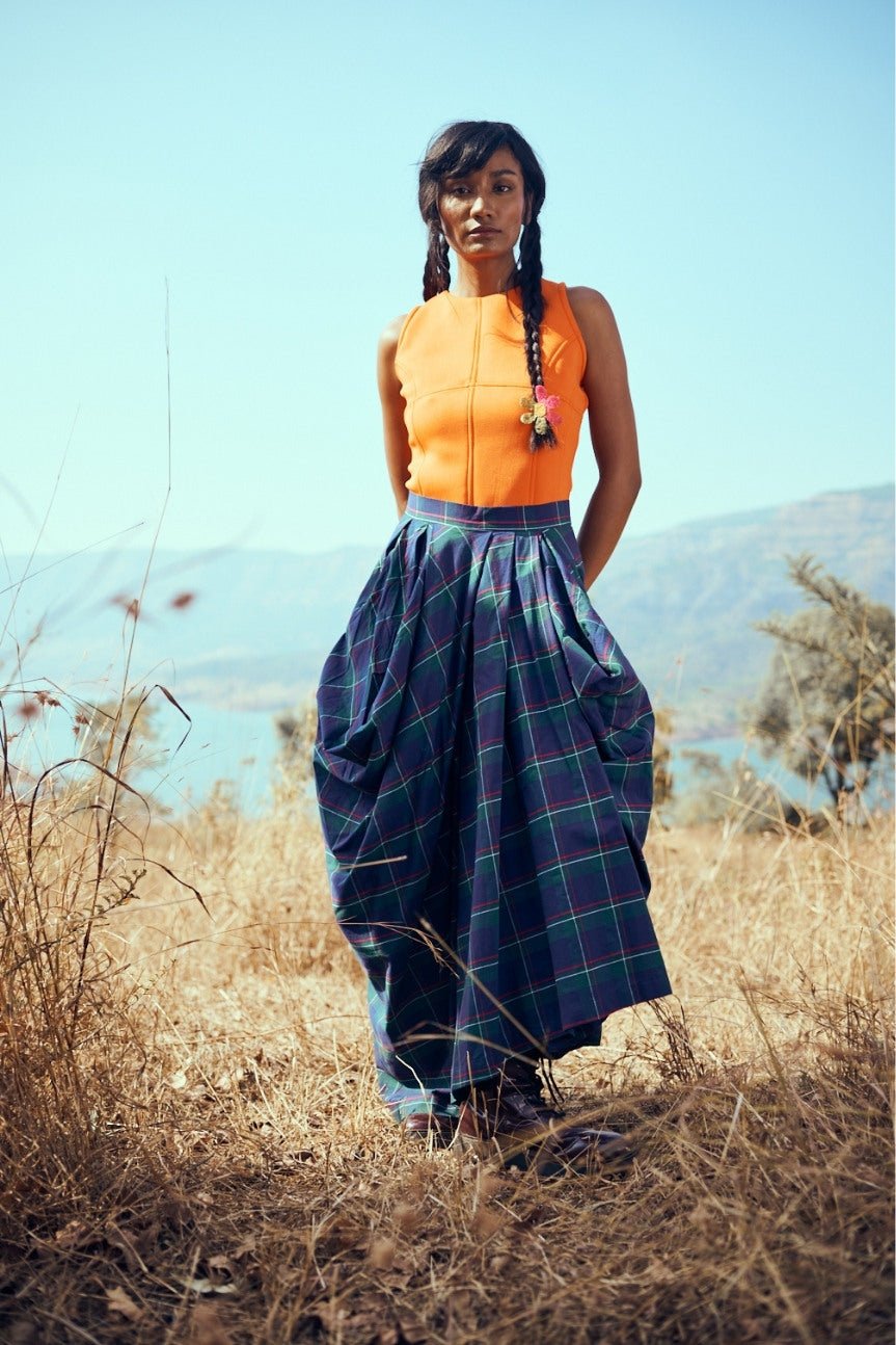 Blue Green Madras Check Wrap Maxi Skirt with Pockets
