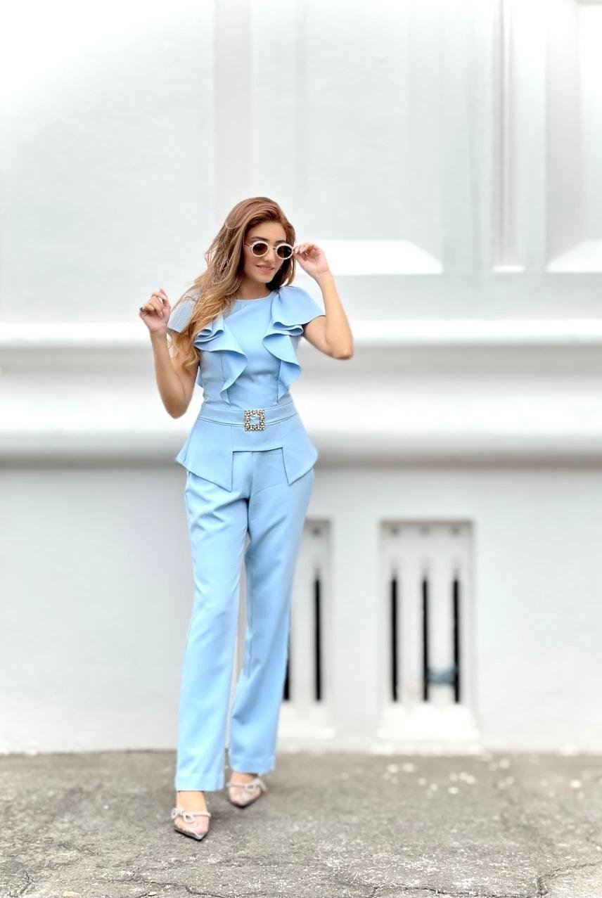 Ice Blue Ruffle Peplum Co-ord Set with Straight Pants