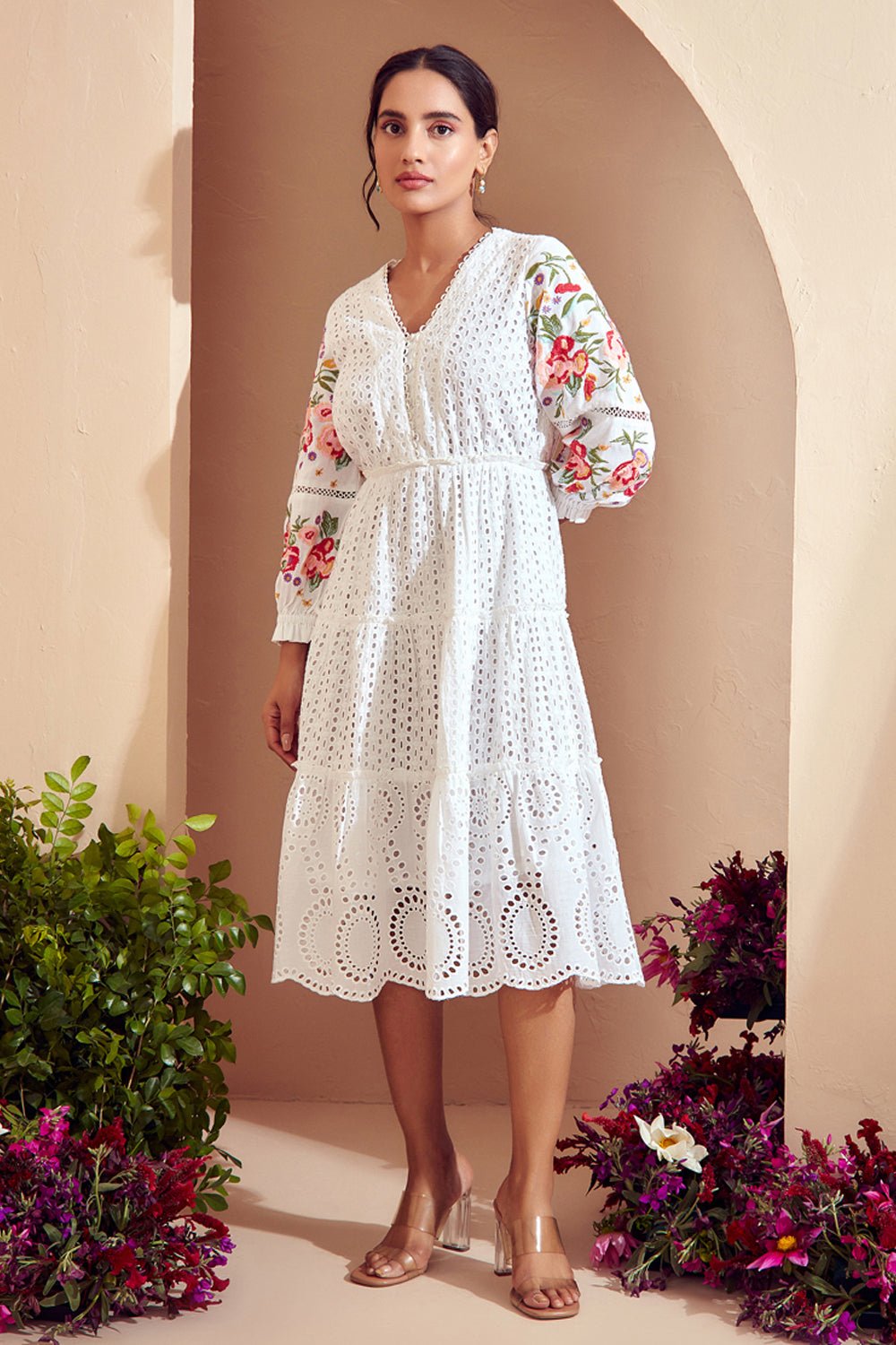 Broderie Tiered Midi Embroidered Dress