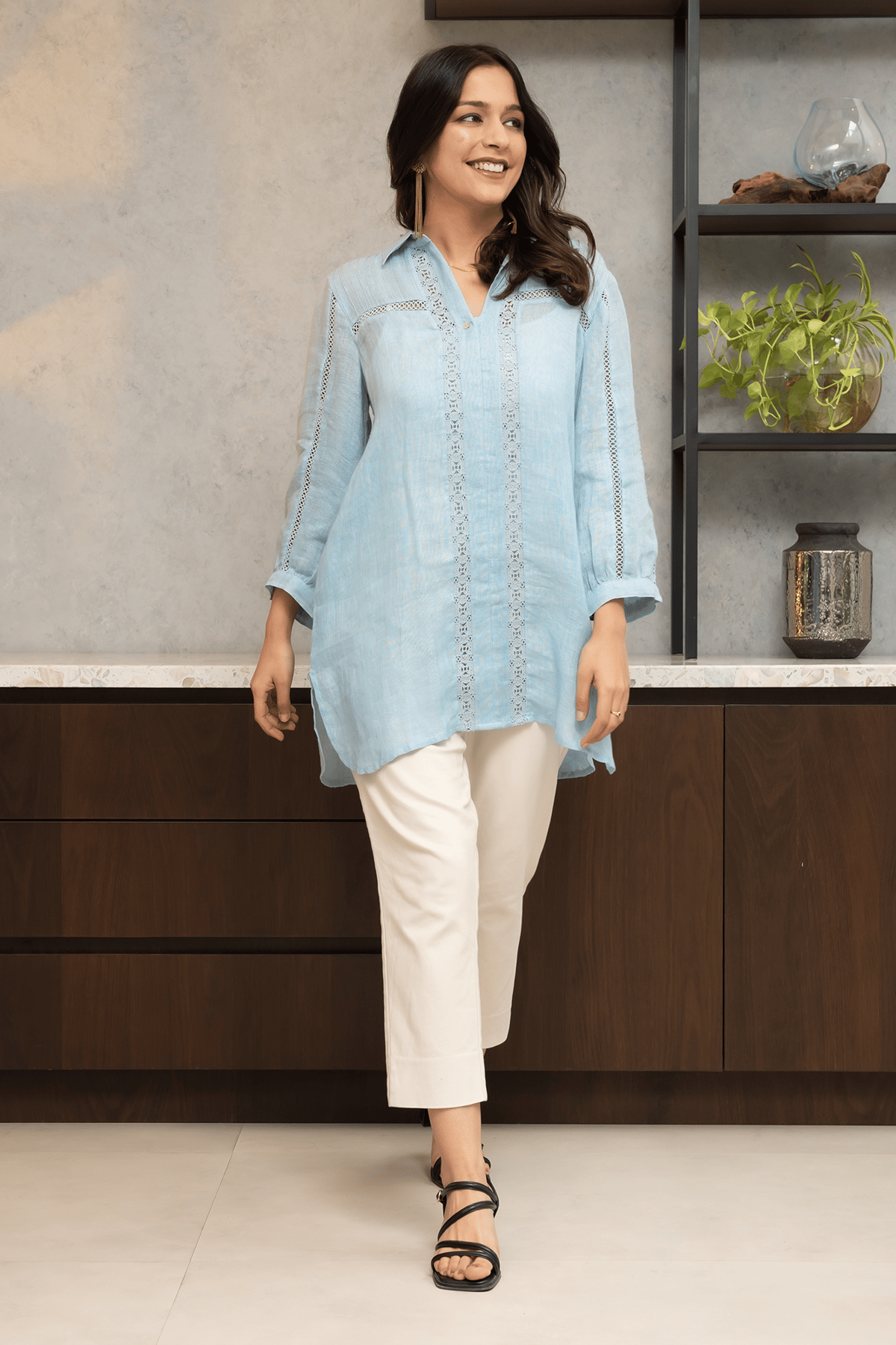 Powder Blue Linen Shirt with Lace and Cutwork Inserts