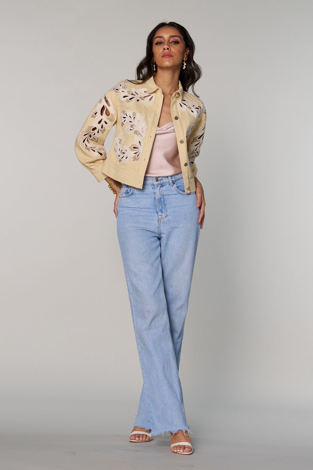 Beige Cropped Cutwork Embroidered Cotton Jacket