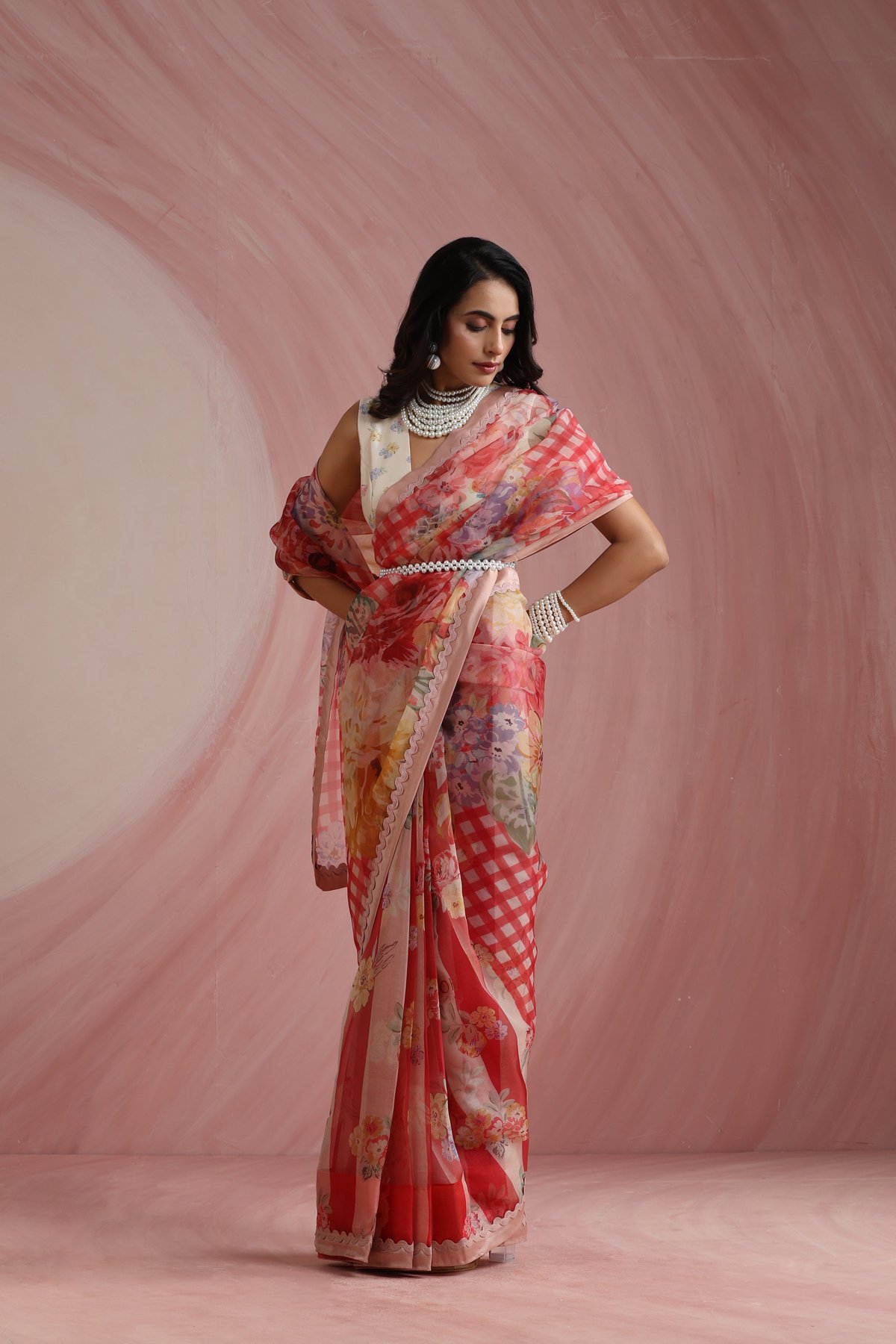 Crimson Organza Printed Saree Set With Chanderi Blouse