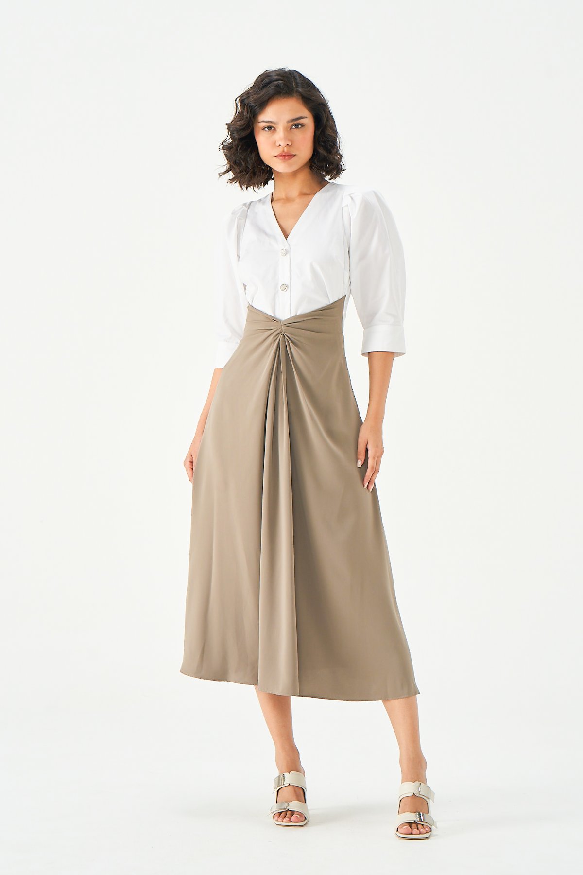 Two-Tone Wrap-Detail Button-Front Midi Dress