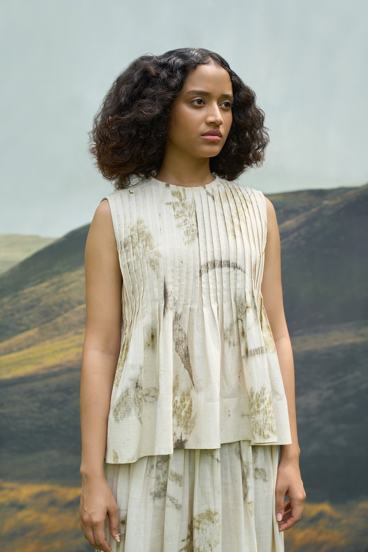 Beige Khadi Cotton Sleeveless Pintuck Flared Top