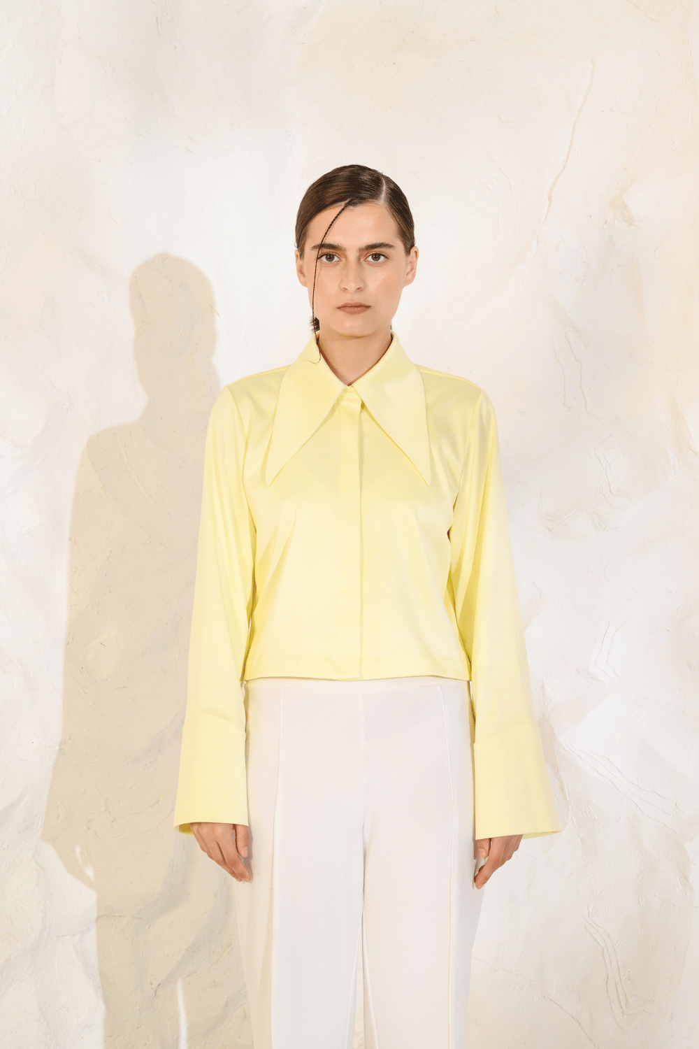 Yellow Duchess Satin Crop Shirt with Extended Collar