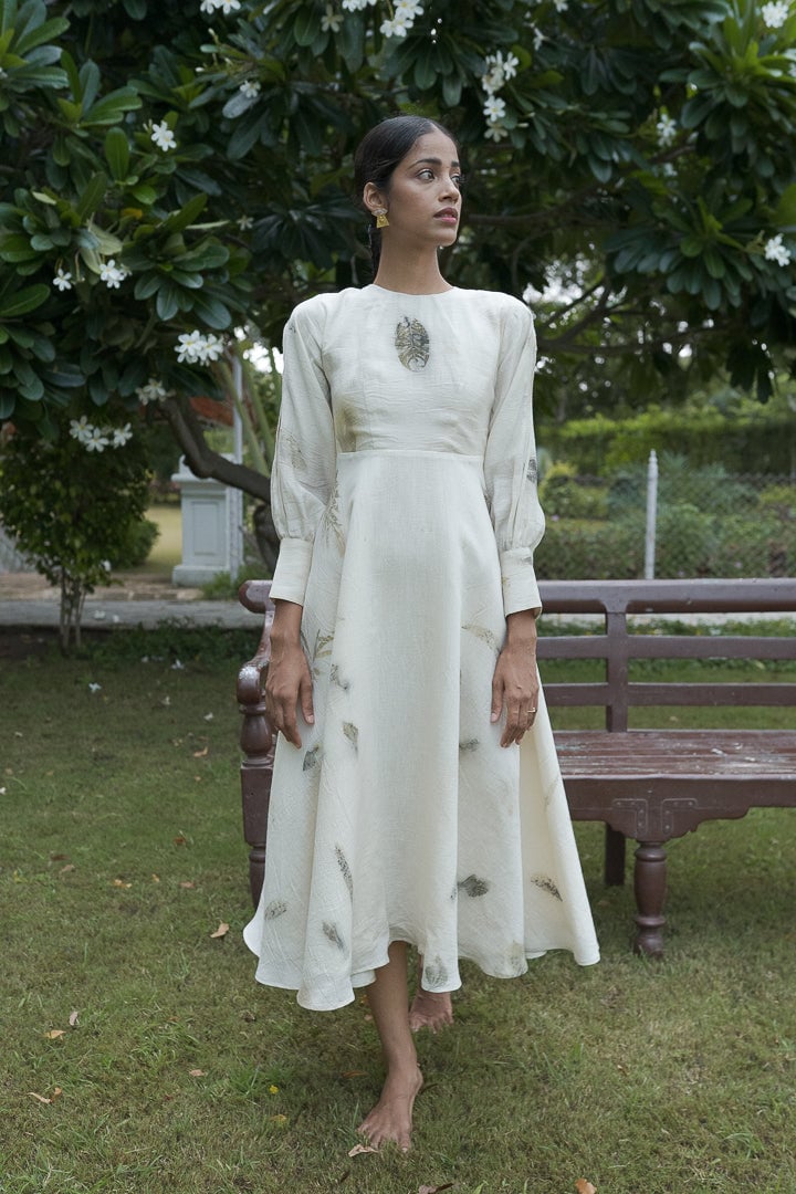Ivory Khadi Silk Leaf Print Fit and Flare Midi Dress