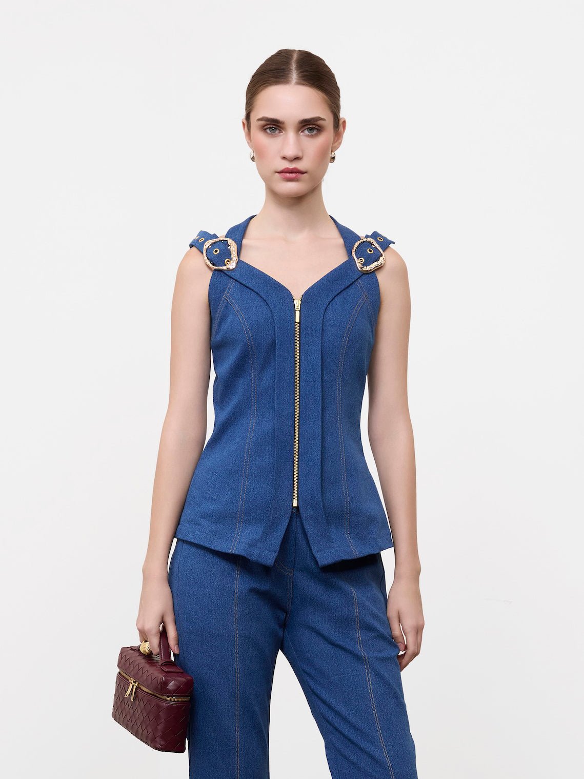 Medium Blue Denim Halter-Neck Zip-Front Fitted Top