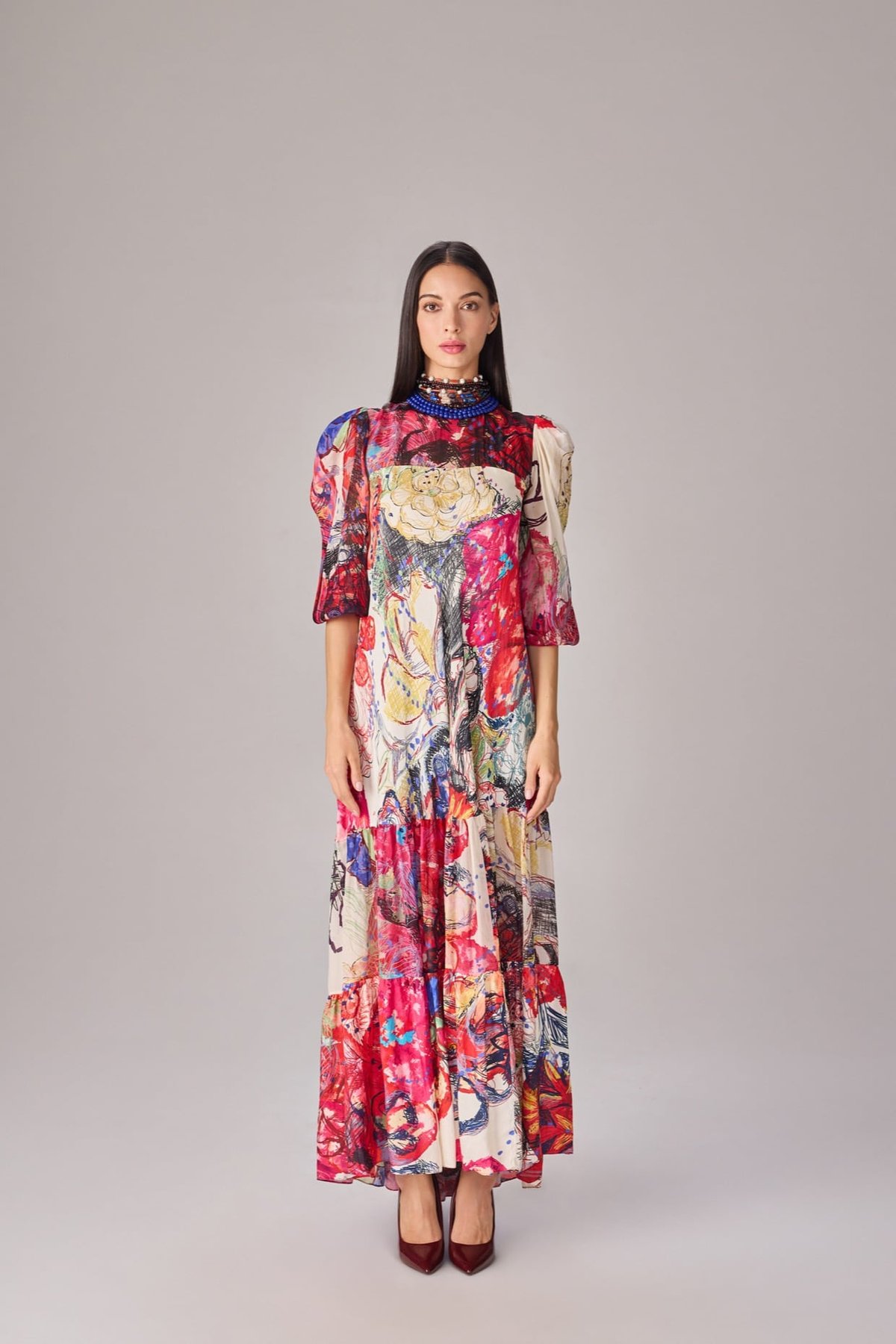 Multicolor Abstract Floral Tiered Maxi Dress
