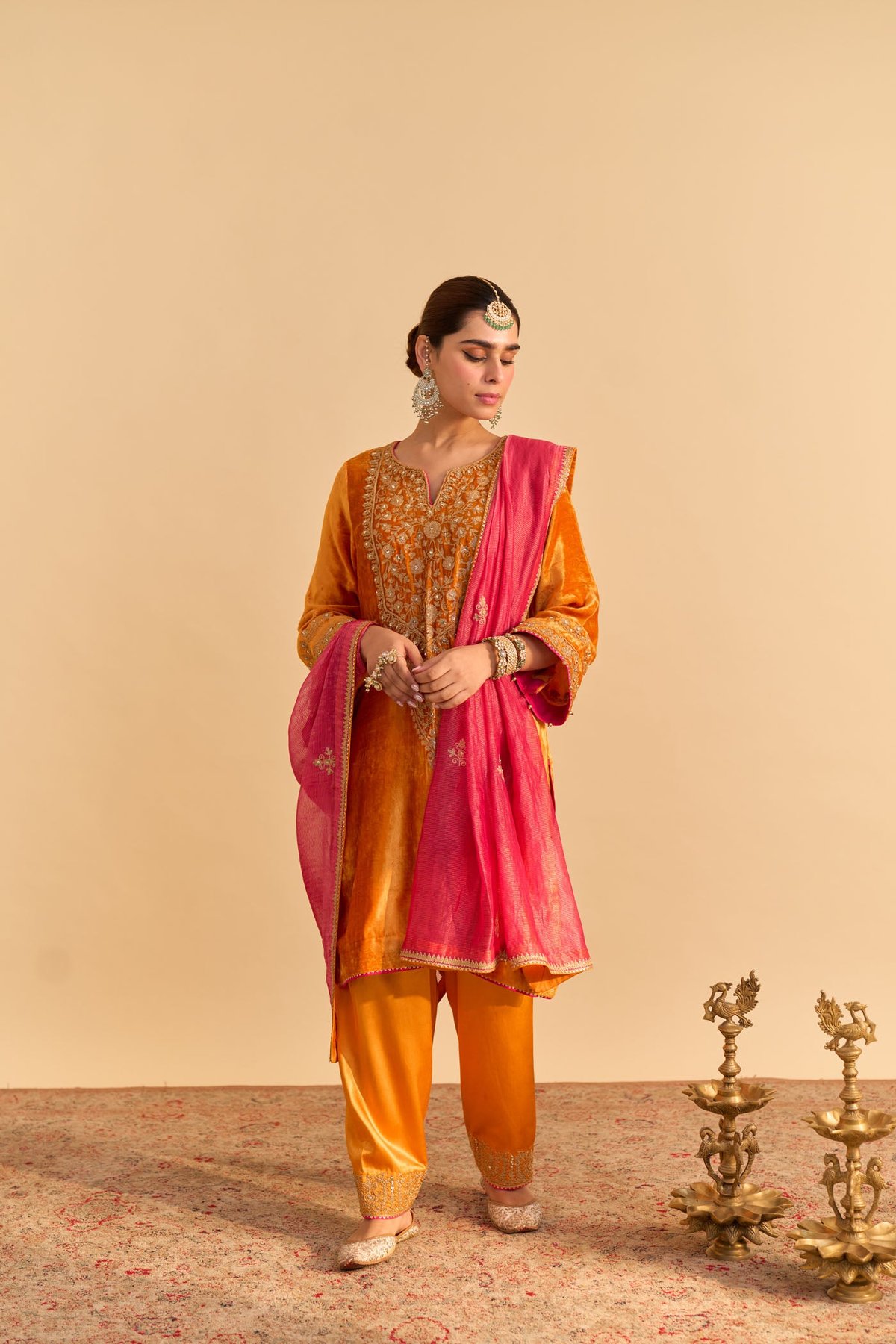 Orange Silk Velvet Embroidered Kurta Set with Salwar