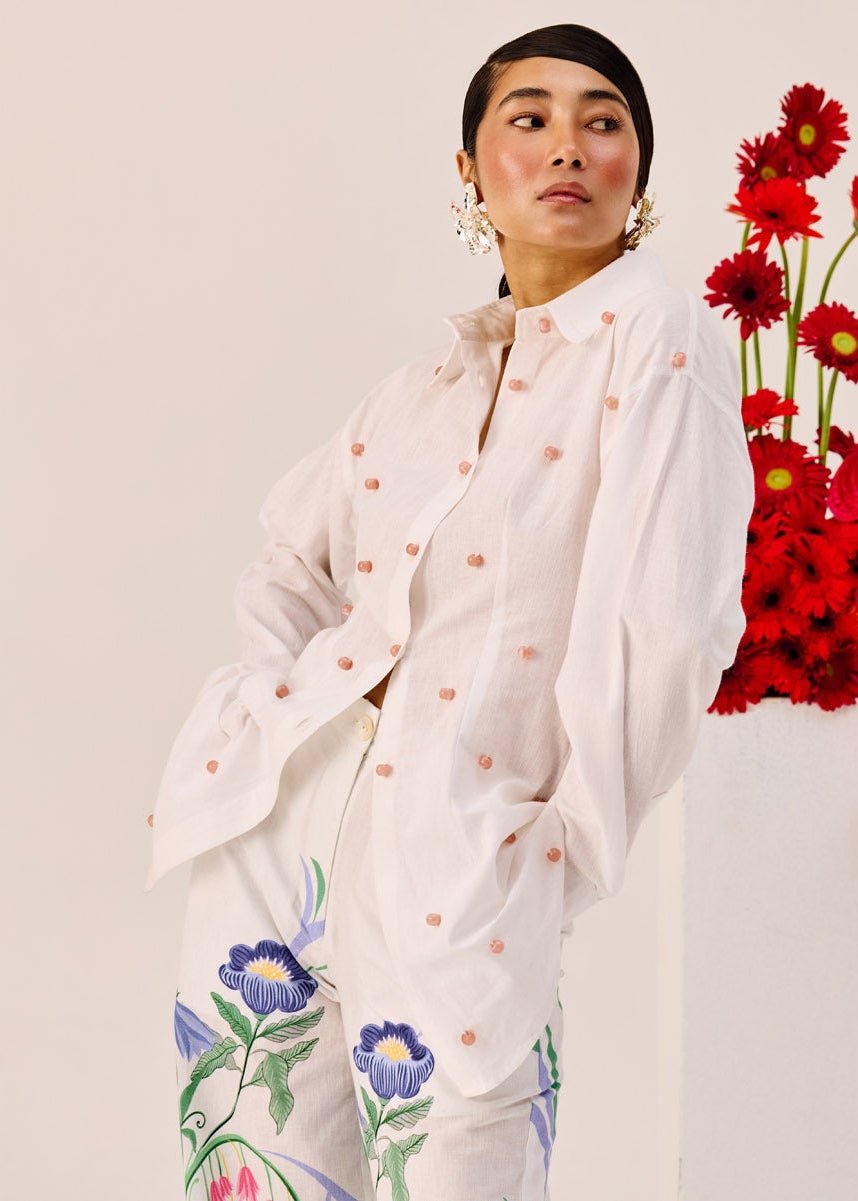 White Cotton-Linen Embellished Longline Shirt